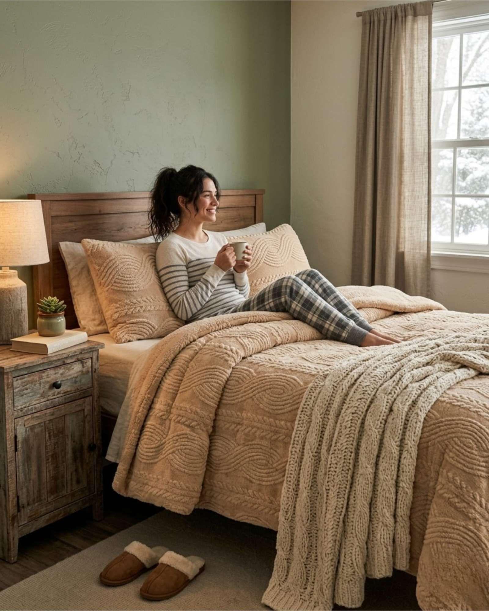 Cubrecama Trenzado Ultra Suave Invierno + Fundas beige-4