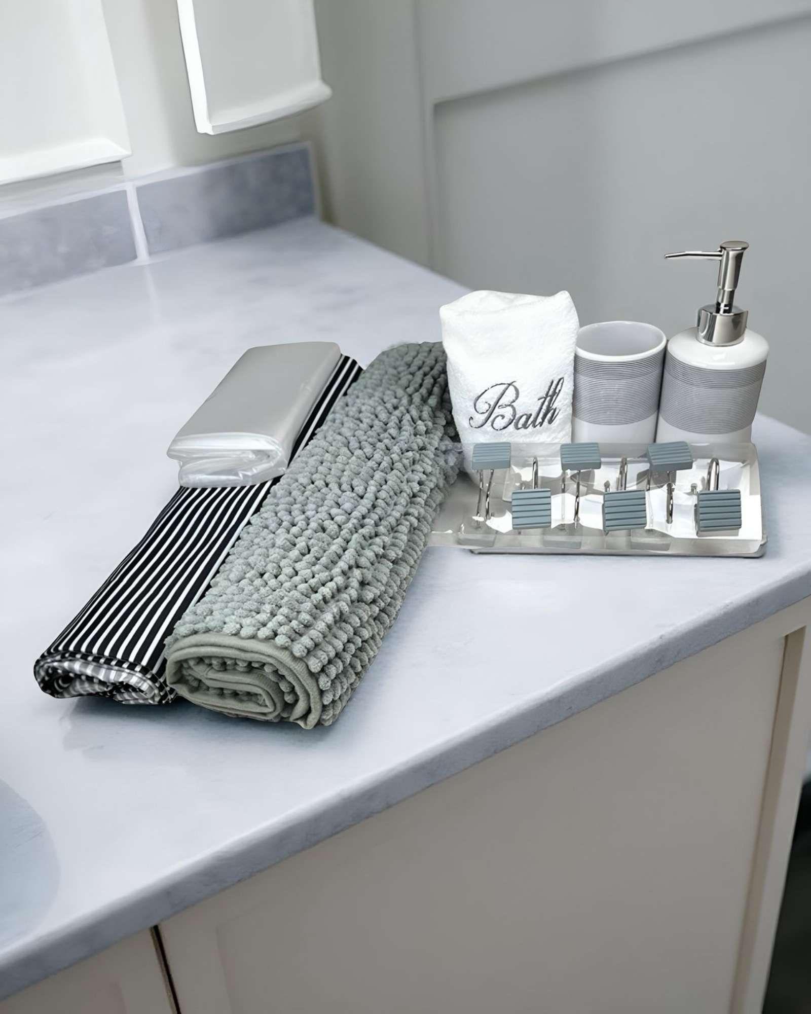 Juego Set de Baño 18 Piezas Cortina, Alfombra, Toalla y Jaboneras Doral A12-3