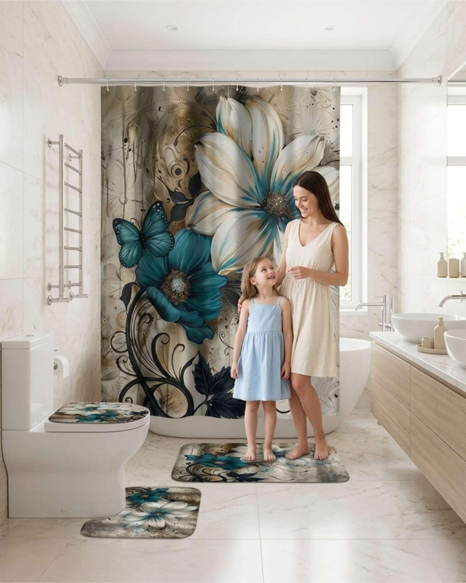 Set Decorativo De Baño 4 Piezas Cortina, Alfombras Y Funda De Inodoro m10-2