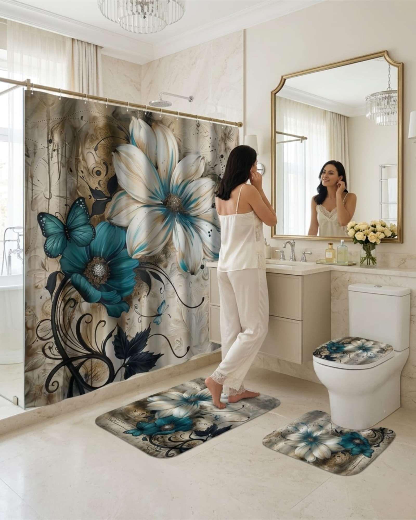 Set Decorativo De Baño 4 Piezas Cortina, Alfombras Y Funda De Inodoro m10-3