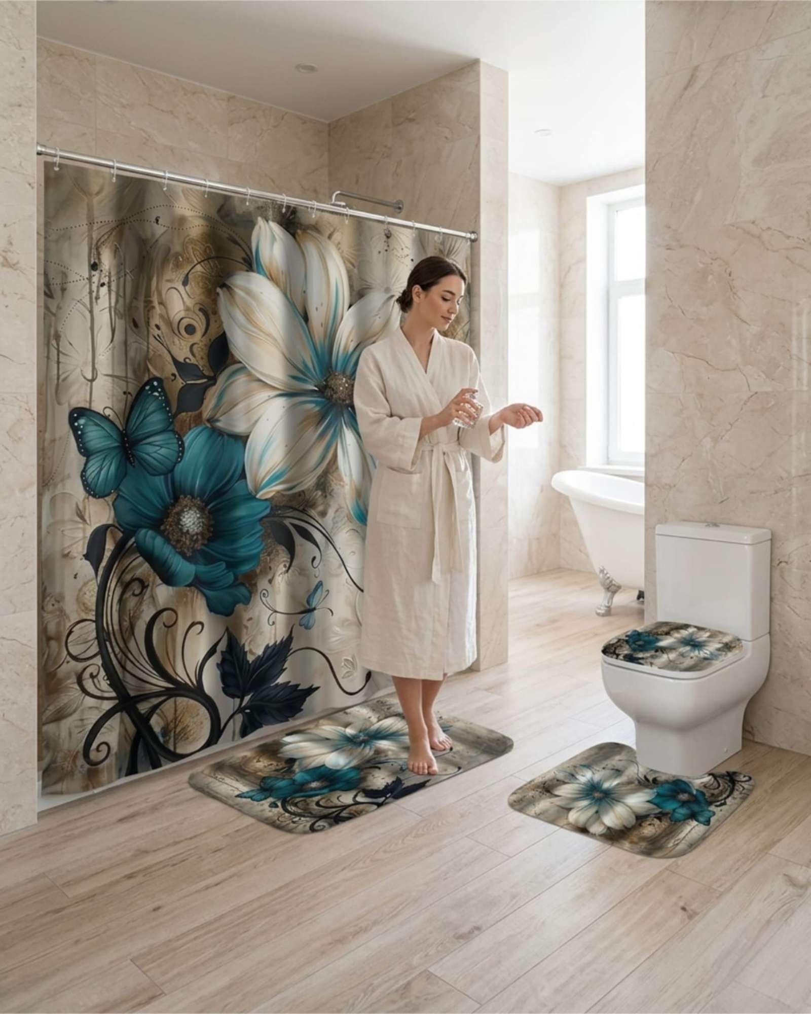 Set Decorativo De Baño 4 Piezas Cortina, Alfombras Y Funda De Inodoro m10-4