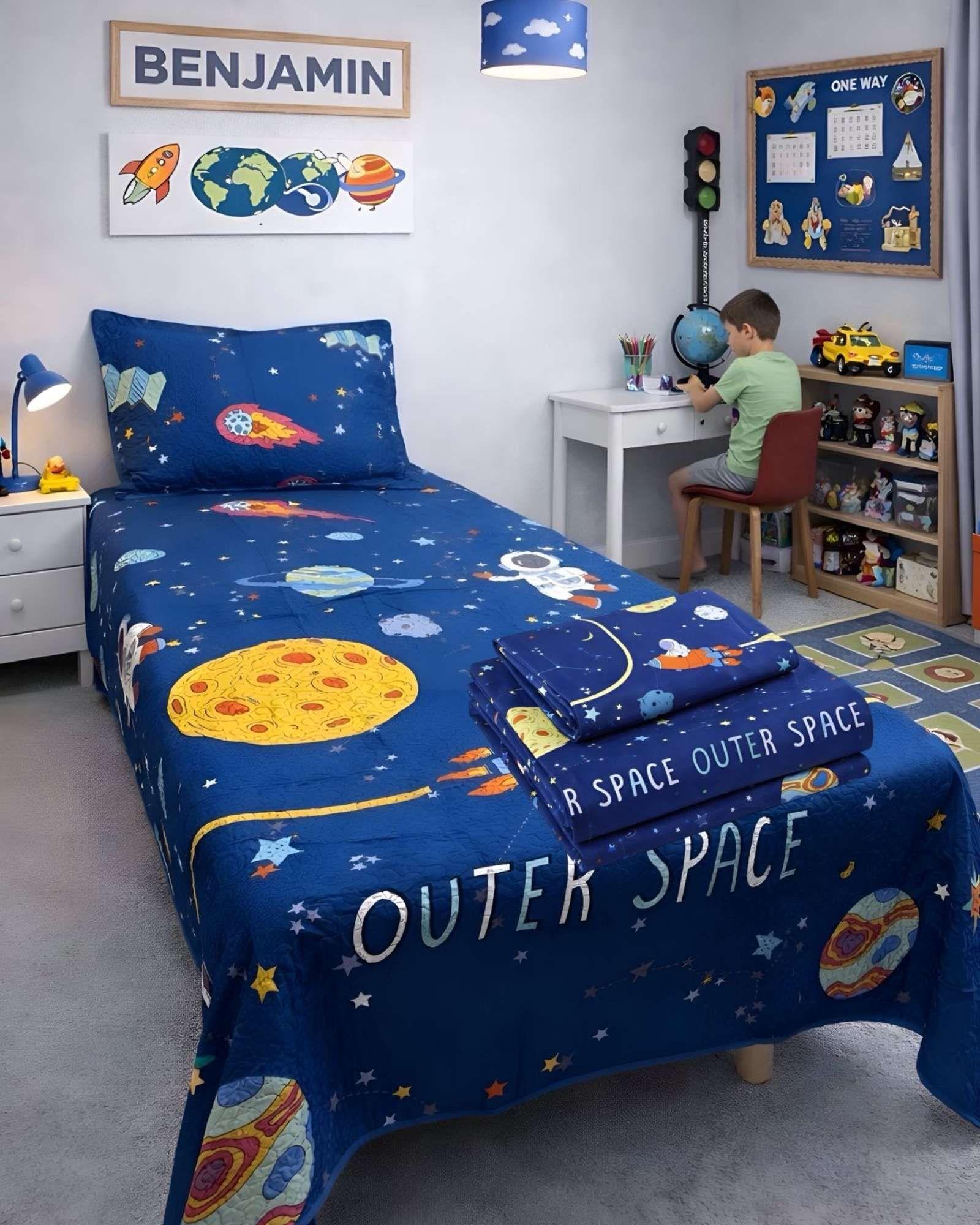 JUEGO DE CUBRECAMA MAS SABANA NIÑO INFANTIL PLAZA Y MEDIA ASTRONAUTA-4