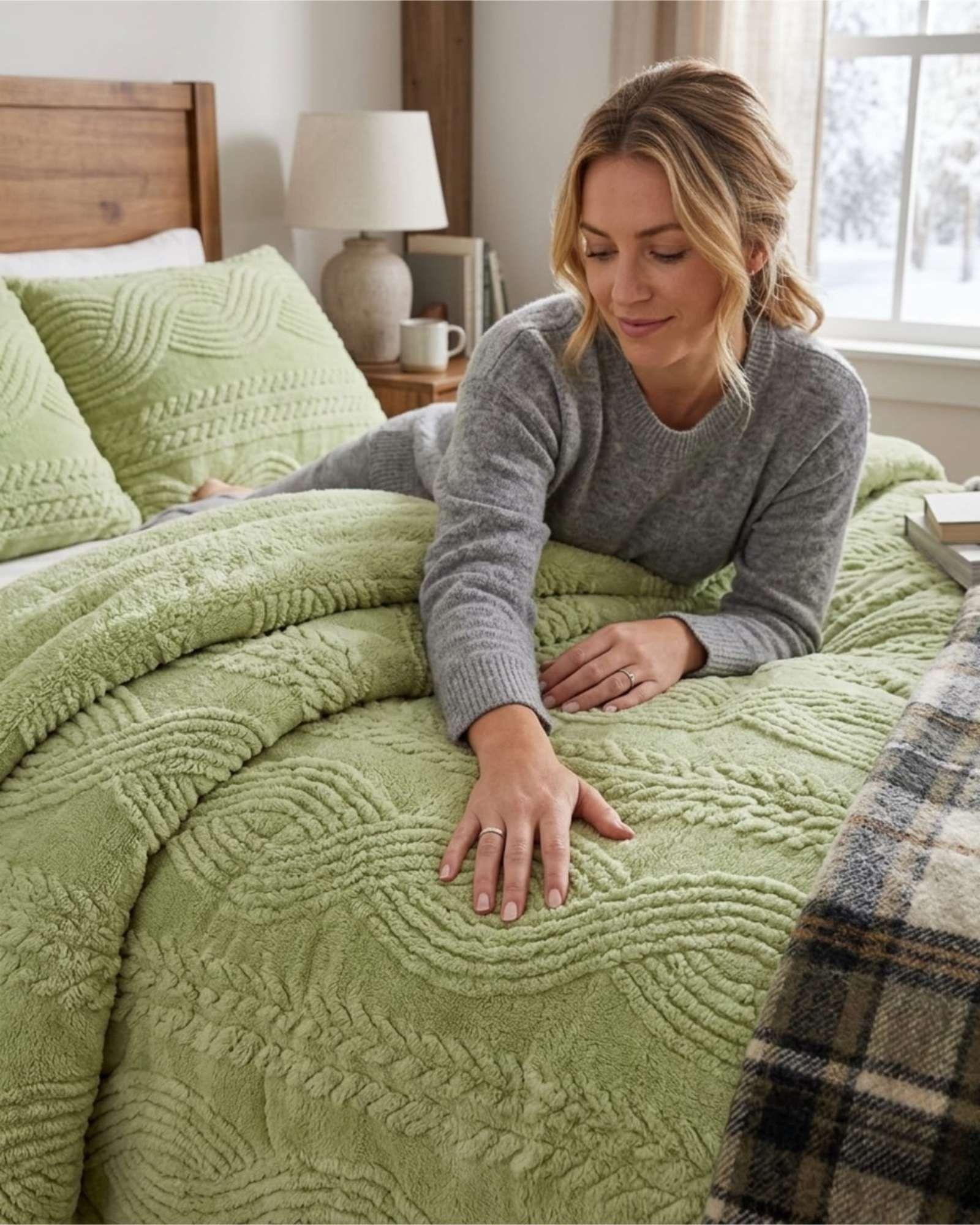 Cubrecama Trenzado Ultra Suave Invierno + Fundas verde-4