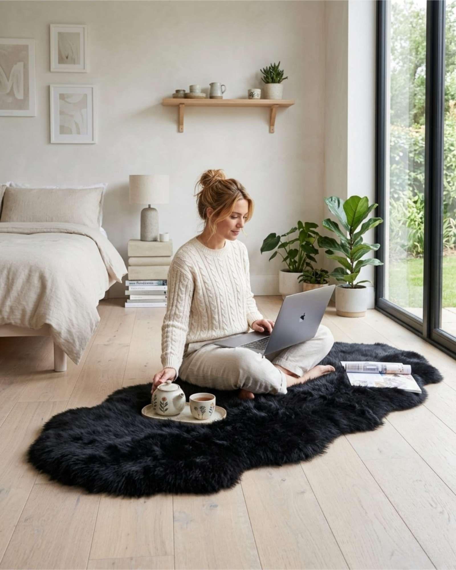 Set de 2 Alfombras Bajada De Cama Piel de oveja 60x180 negro-4