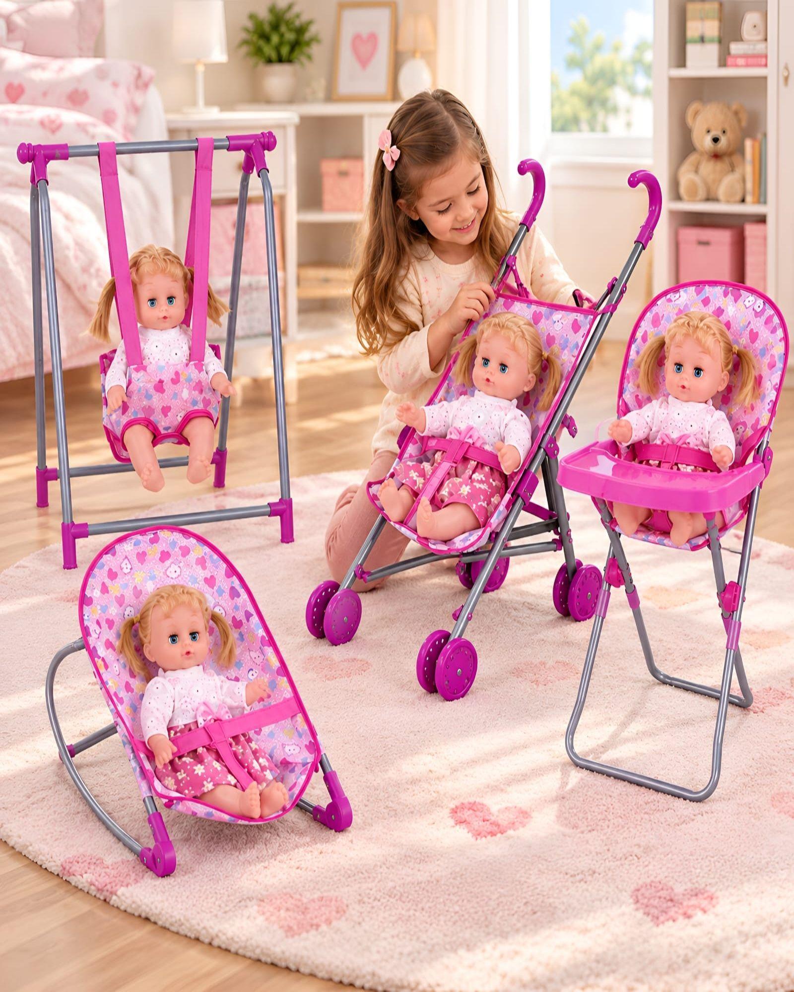 Set de Juego 4 en 1 para Muñecas Coche, Silla de Comer, Columpio y Mecedora-0