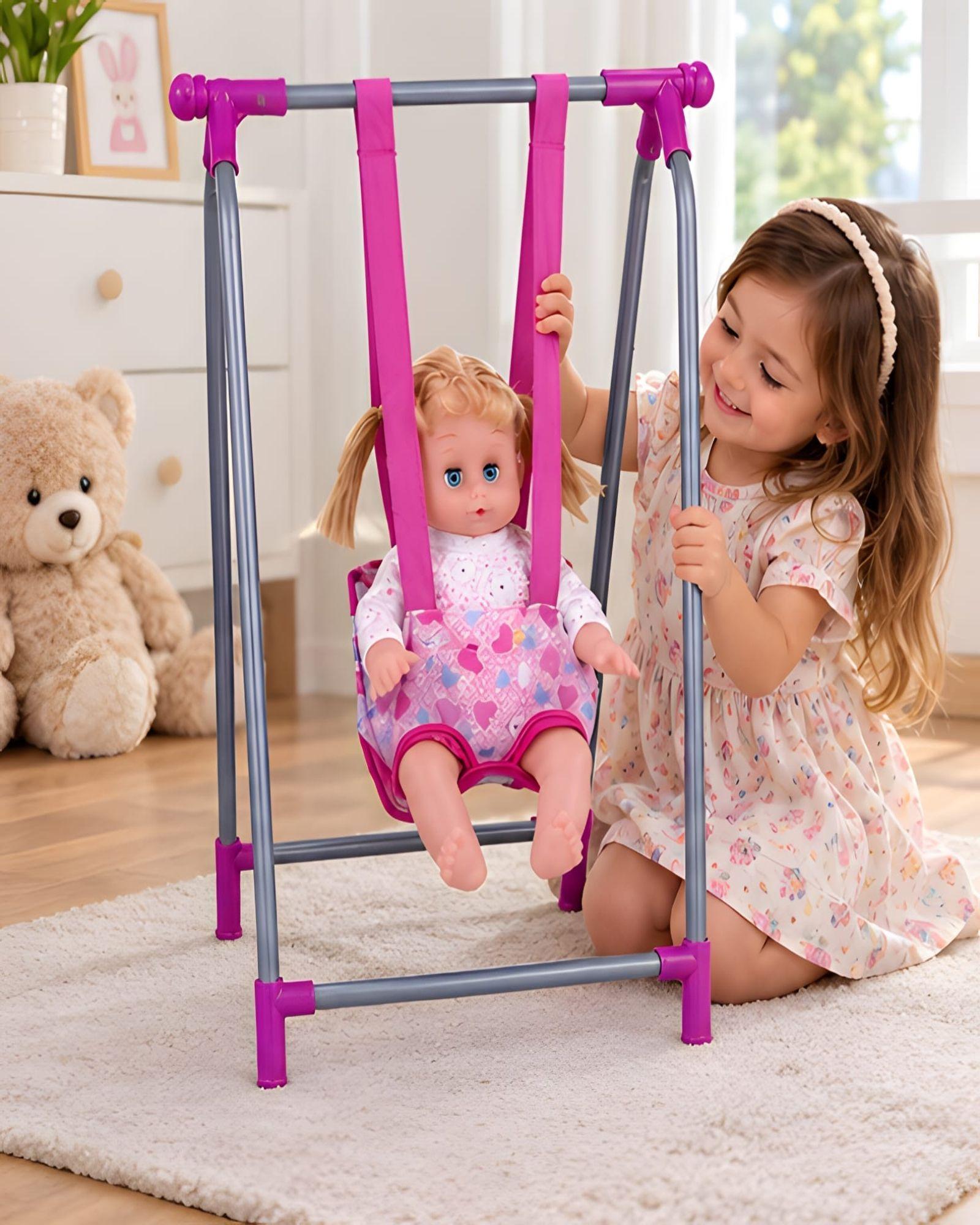 Set de Juego 4 en 1 para Muñecas Coche, Silla de Comer, Columpio y Mecedora-1