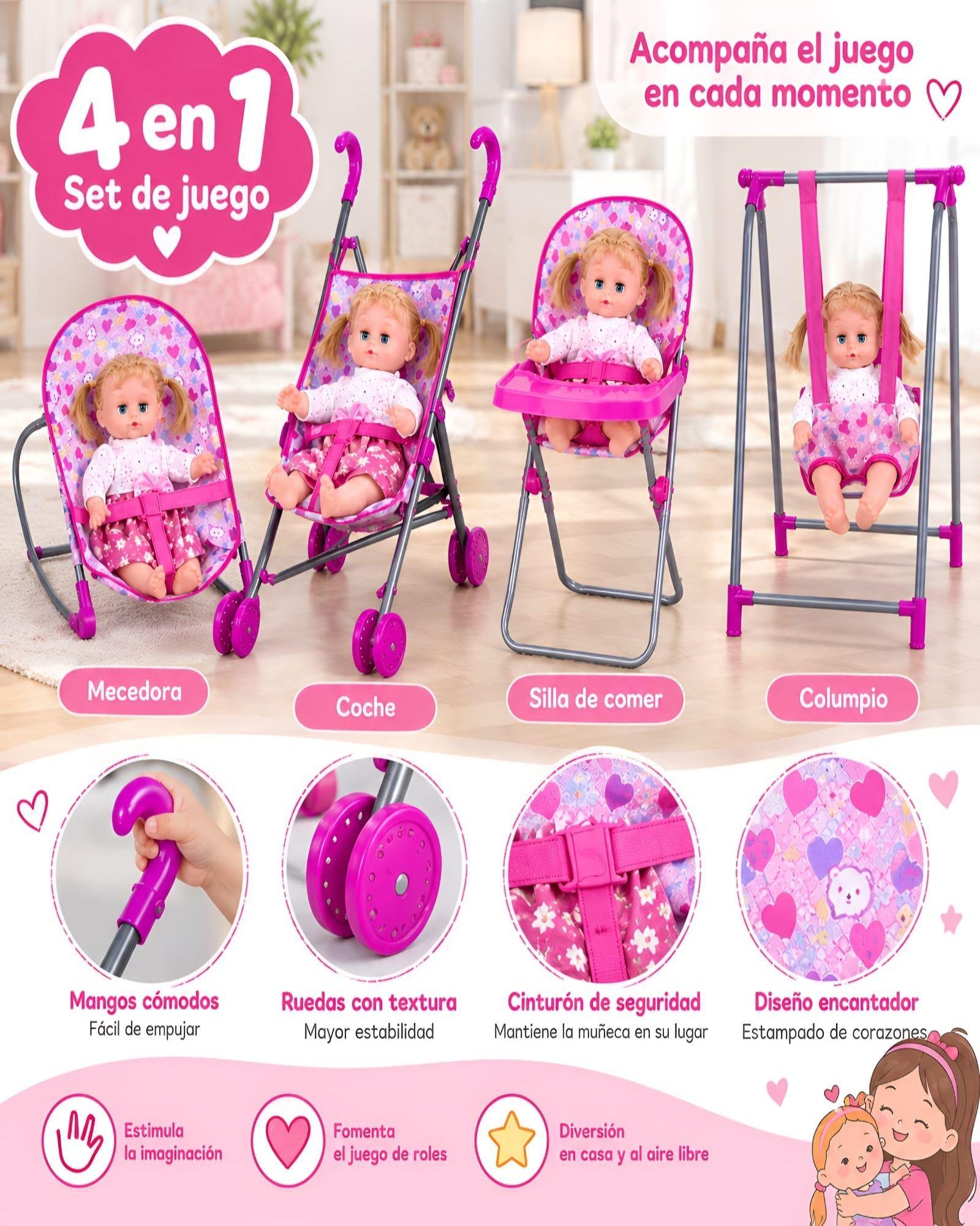 Set de Juego 4 en 1 para Muñecas Coche, Silla de Comer, Columpio y Mecedora-5