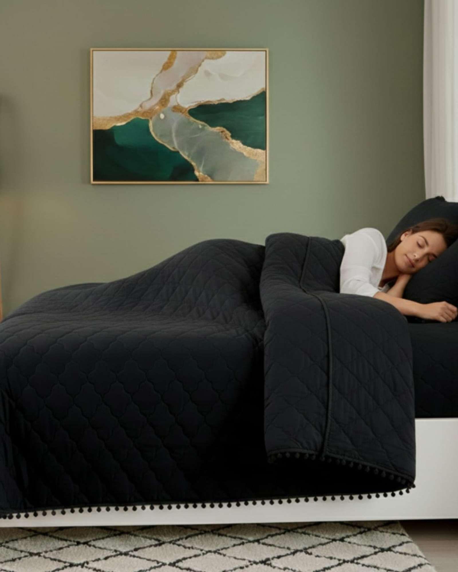 Cobertores de Verano-Primavera con Diseño de Pompon (king-super king) negro-4