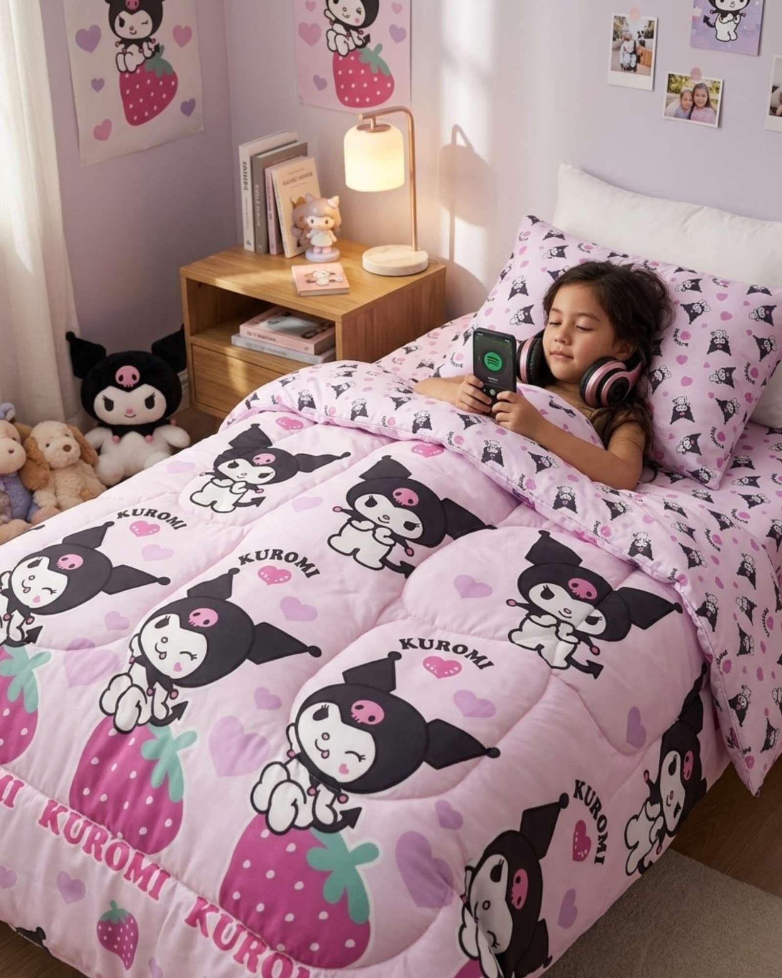 Plumón Oficial Kuromi Strawberry 1.5 Plazas color blanco-4