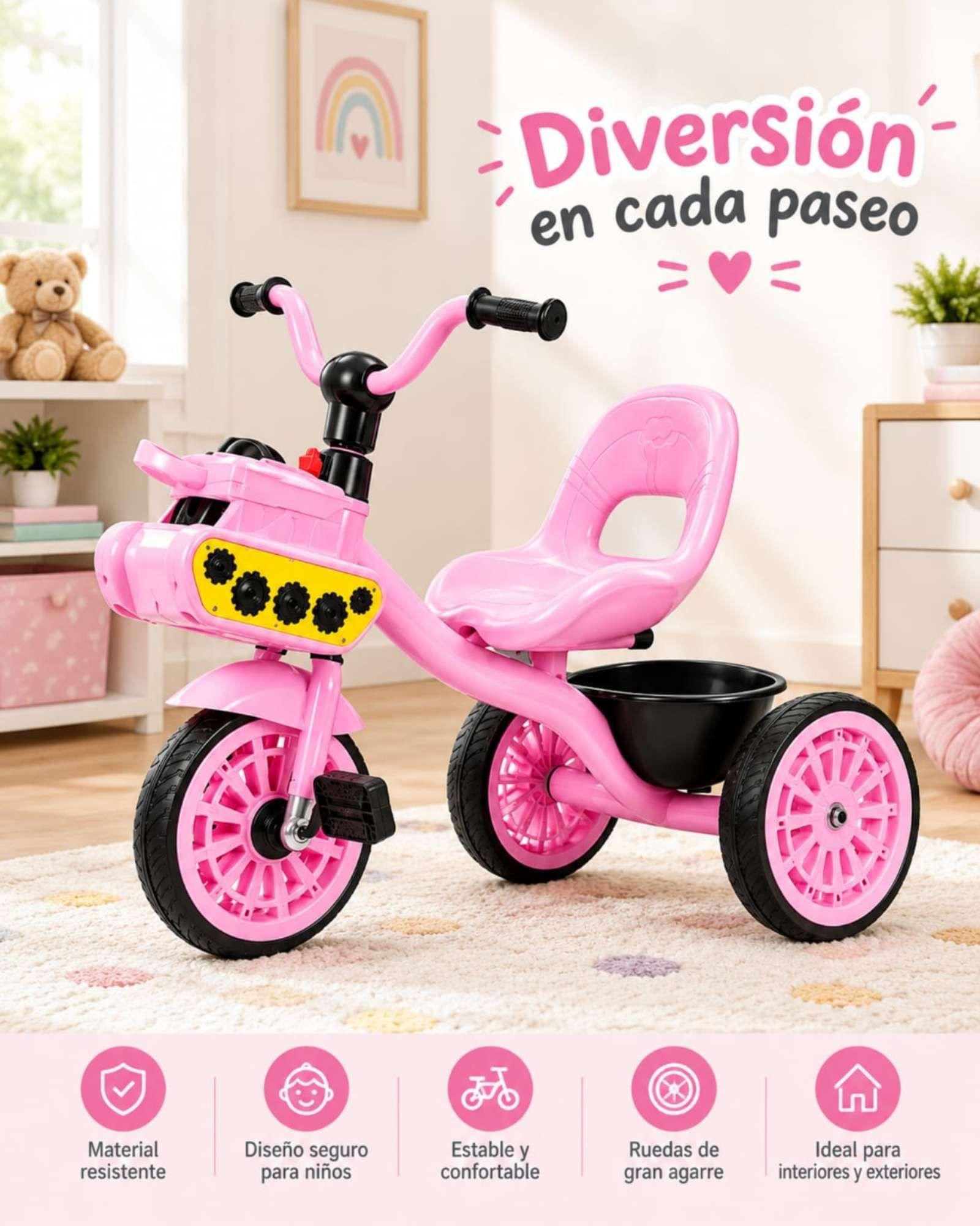 Triciclo Infantil Rosa Ruedas Resistentes Pedales Y Canasto-4