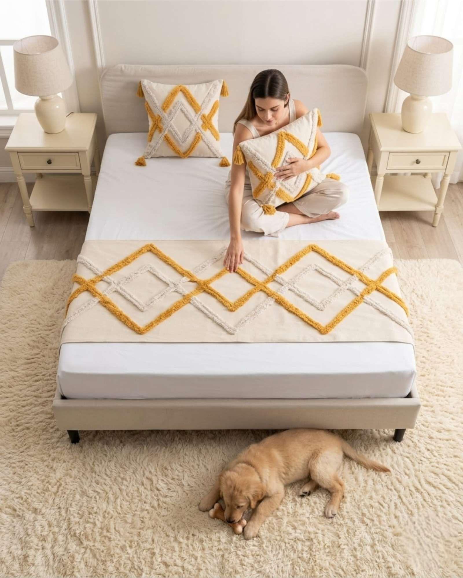 Piecera De Cama Boho Con Dos Fundas Cojin Bordado PF11-1