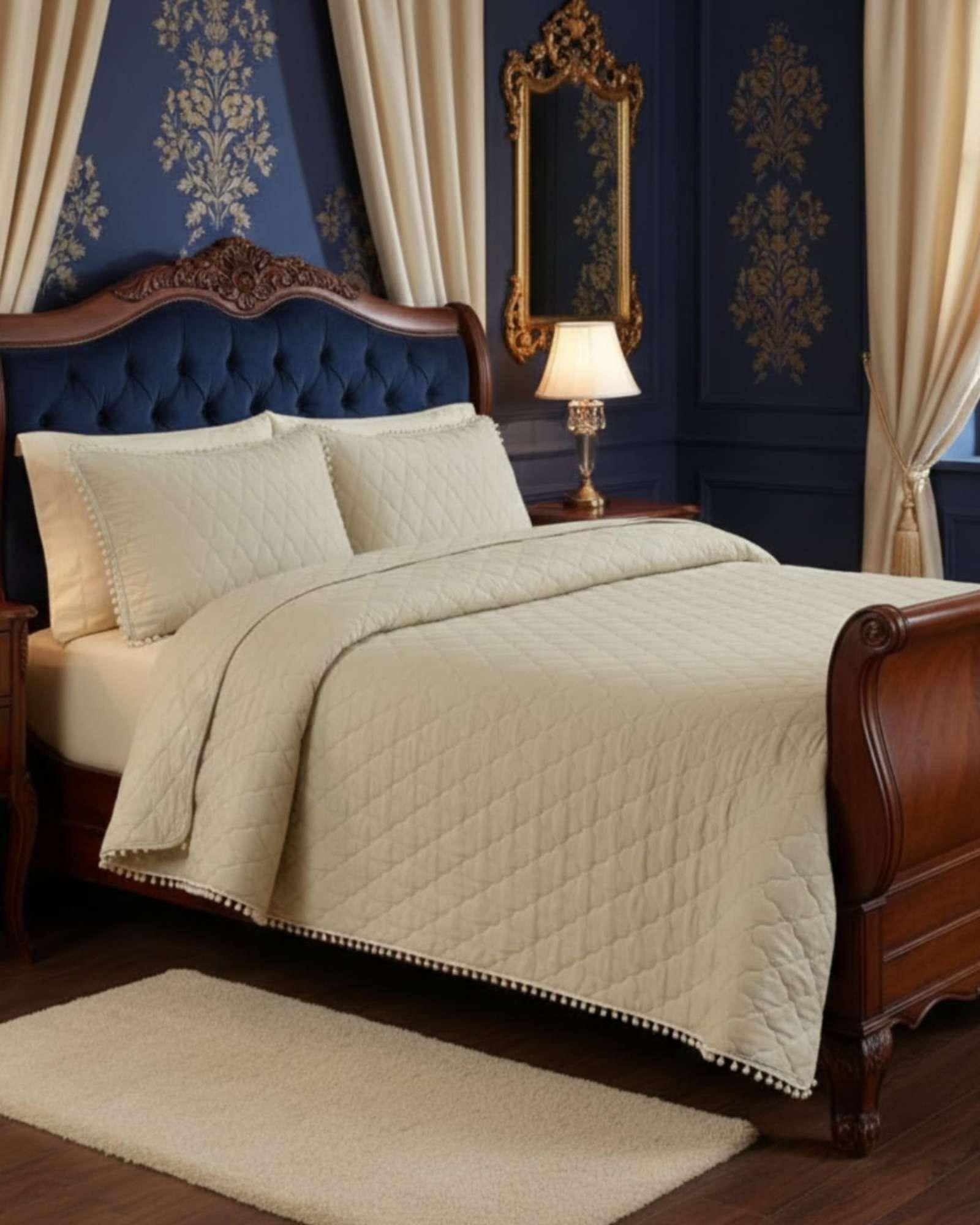 Cobertores de Verano-Primavera con Diseño de Pompon (plaza y media) beige-3