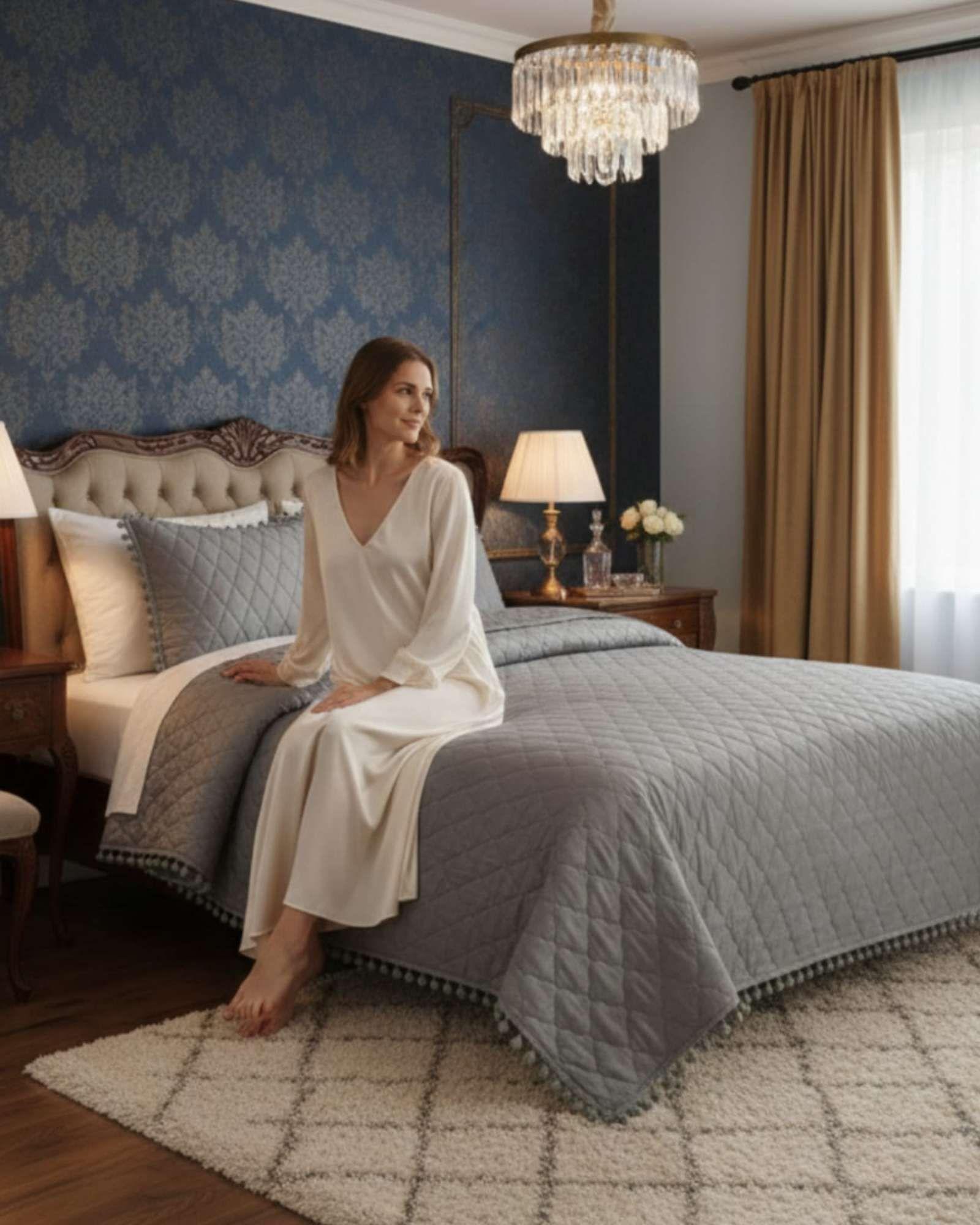 Cobertores de Verano-Primavera con Diseño de Pompon (king-super king) gris-4