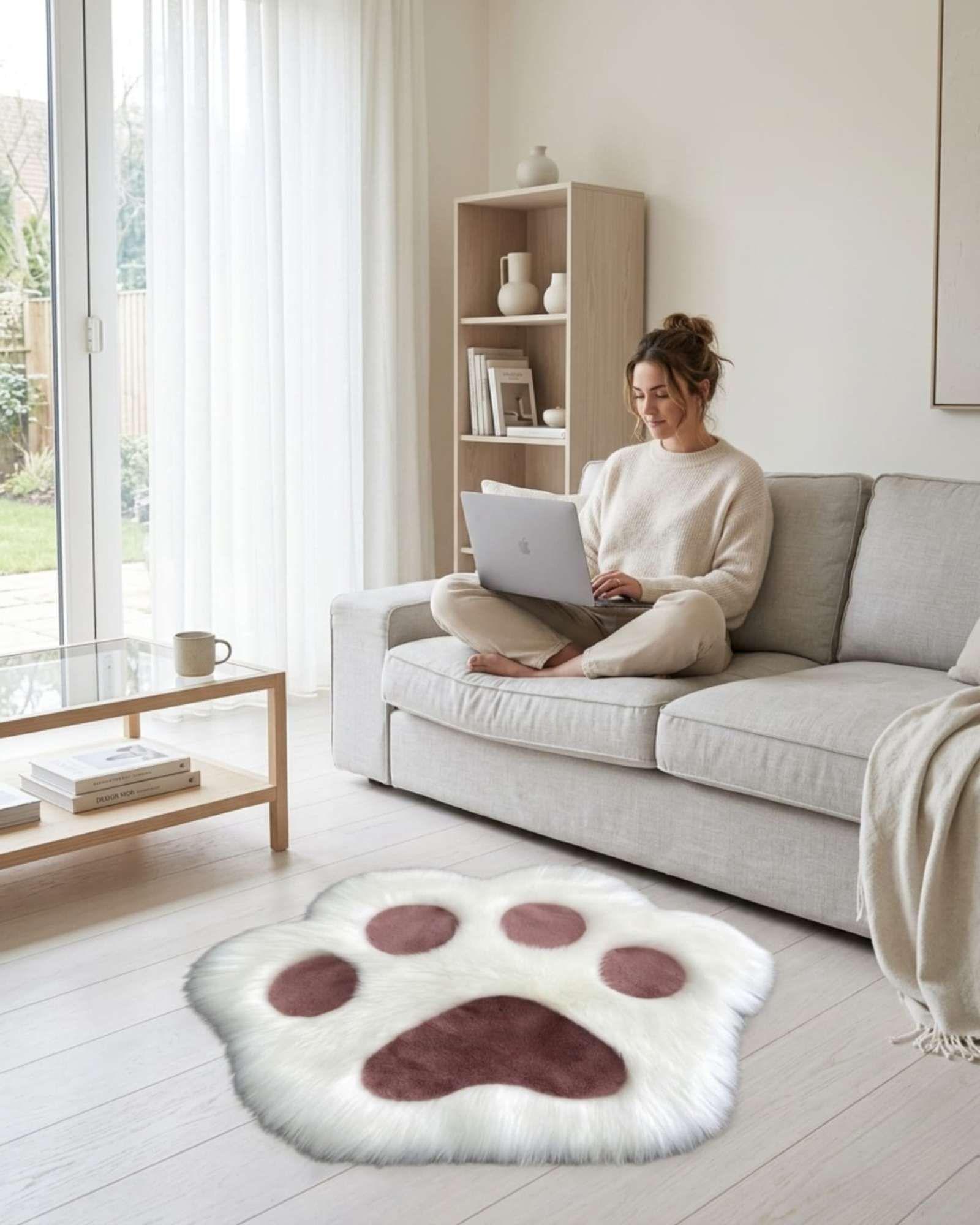 Set de 2 alfombras Decorativa Forma Pata Gato Suave 70x80cm blanco-3