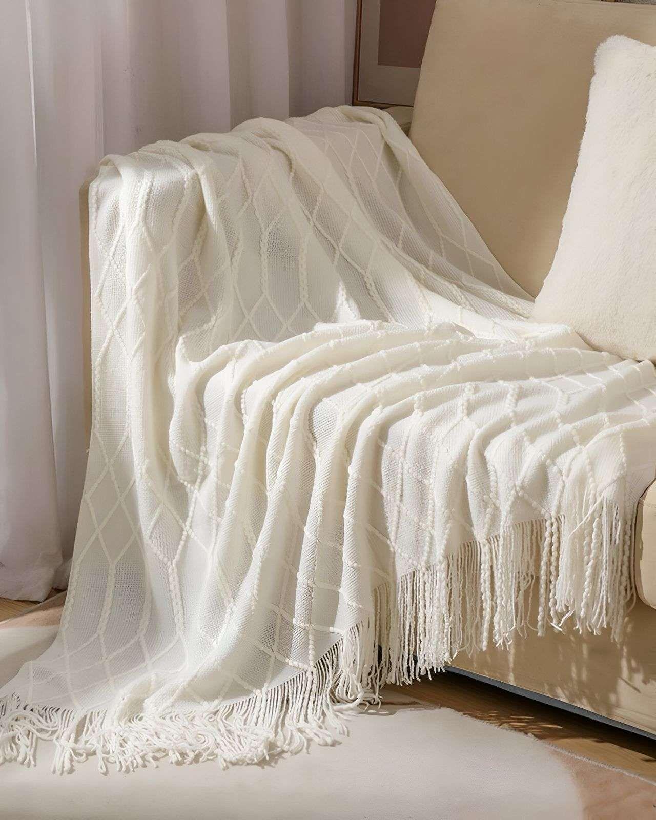 Mantas para sofas camas u oficinas con Flecos 127x152 cm Blanco-3