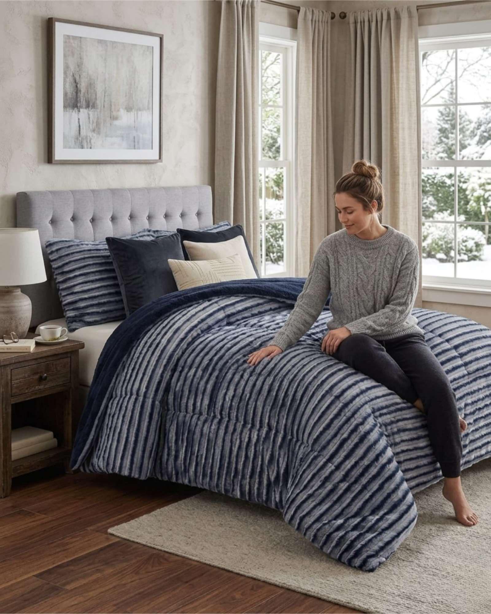 Cubrecama Chiporro 2 plazas Diseño Pana Moderno  "Doble textura, doble suavidad" azul-2