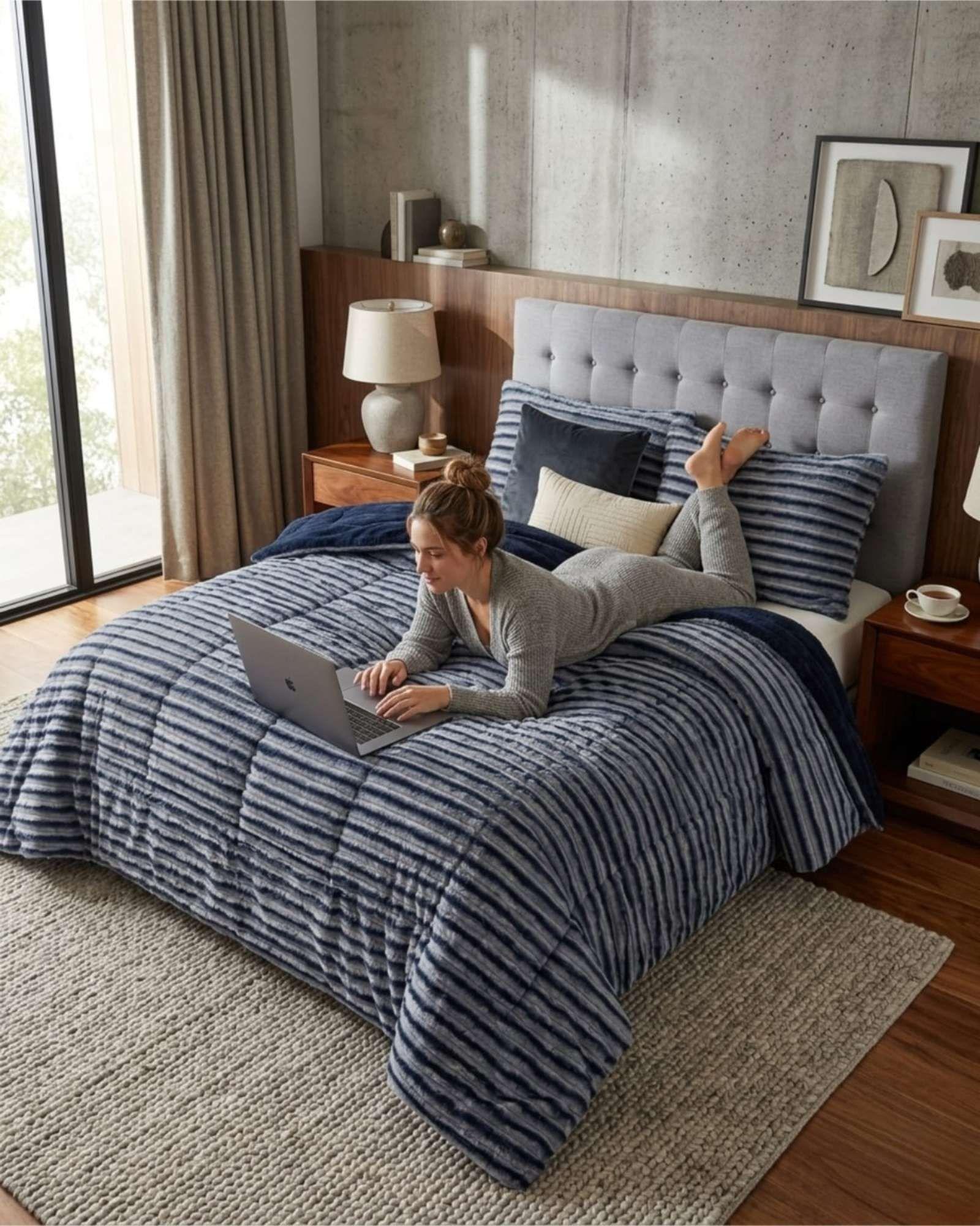 Cubrecama Chiporro 2 plazas Diseño Pana Moderno  "Doble textura, doble suavidad" azul-4