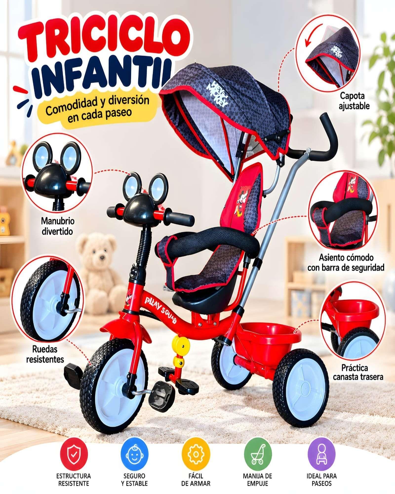Triciclo Infantil De Mickey Mouse Con Barra De Empuje Y Toldo-4