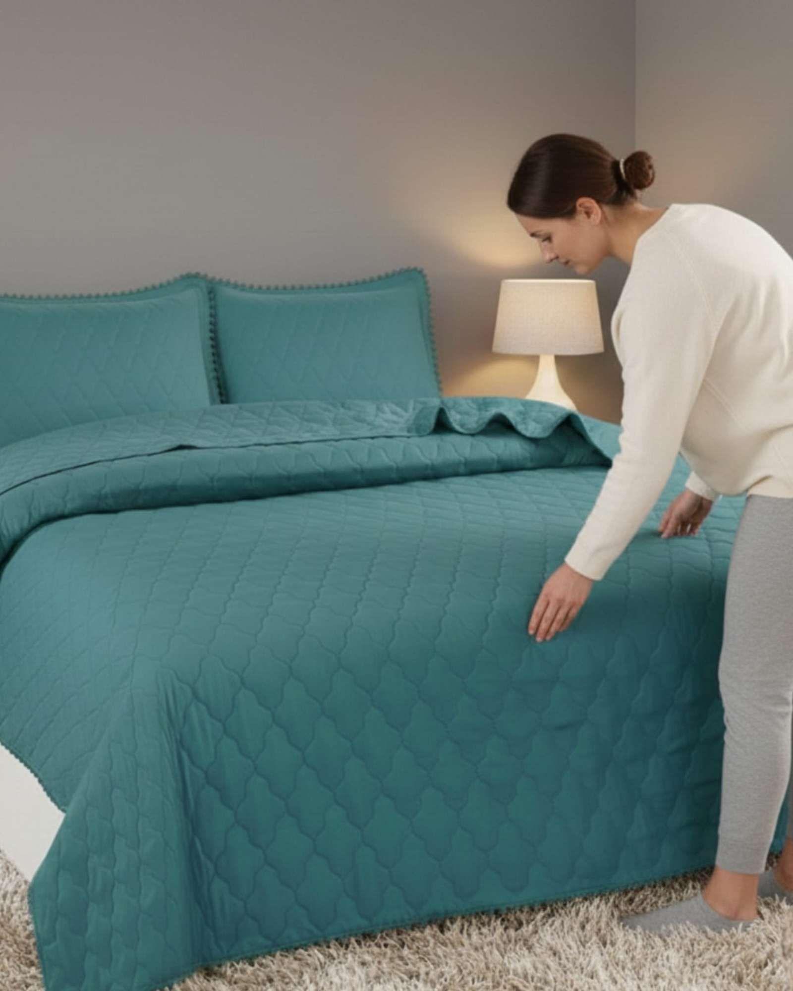 Cobertores de Verano-Primavera con Diseño de Pompon (plaza y media) verde-3