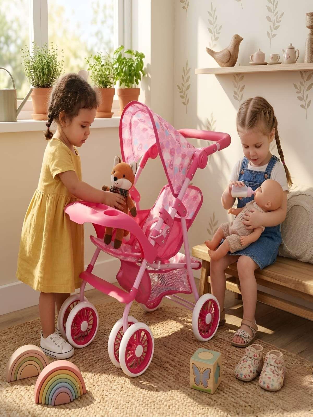 Coche de Juguete para Muñecas con Toldo y Bandeja Frontal - Rosado Corazones-2