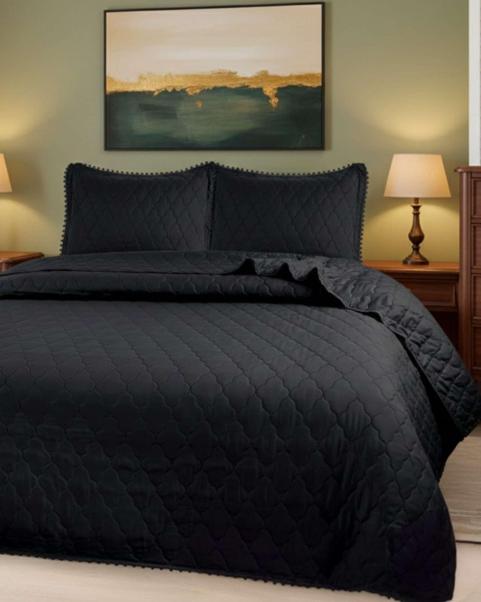 Cobertores de Verano-Primavera con Diseño de Pompon (2 plazas) negro-2