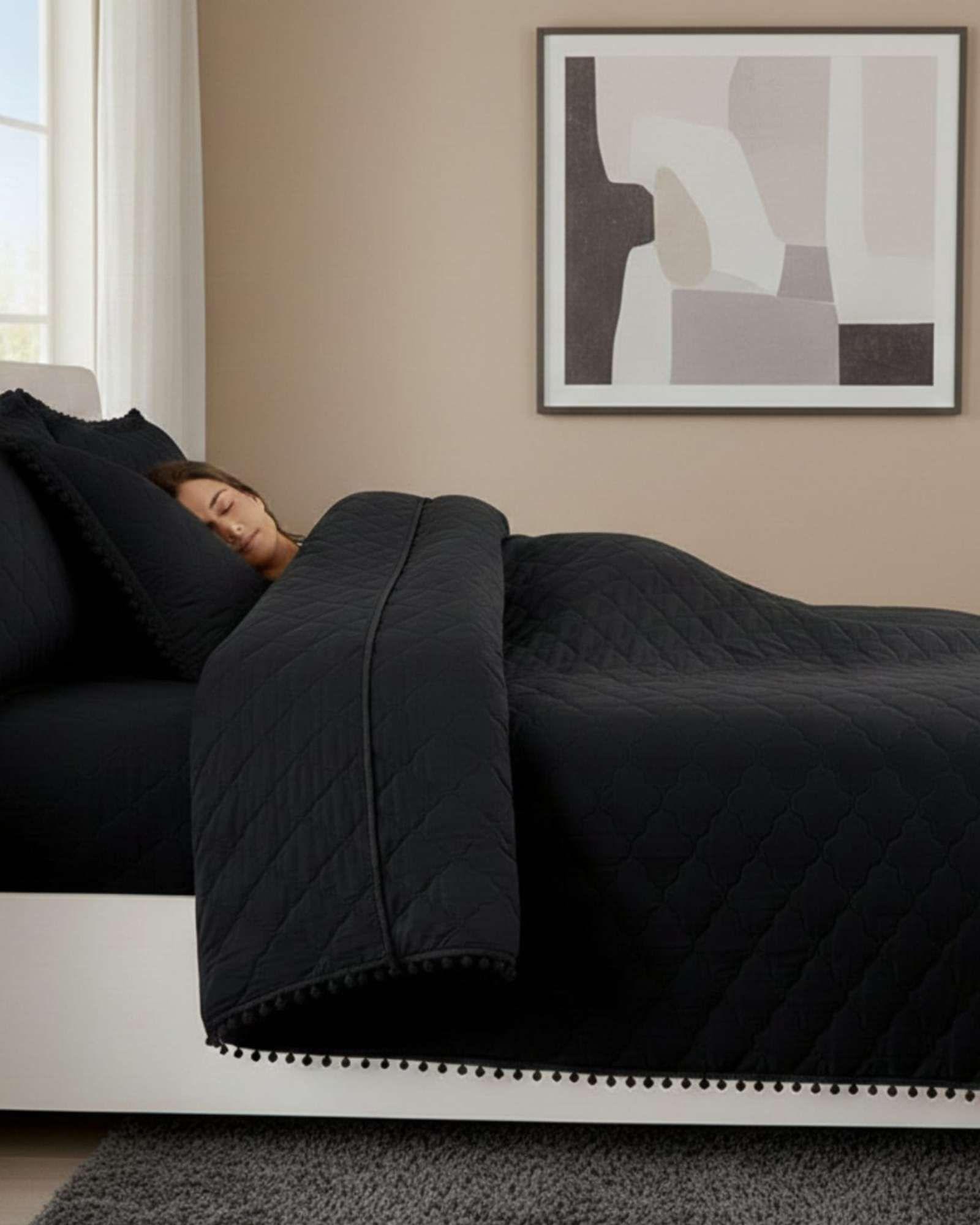 Cobertores de Verano-Primavera con Diseño de Pompon (2 plazas) negro-3