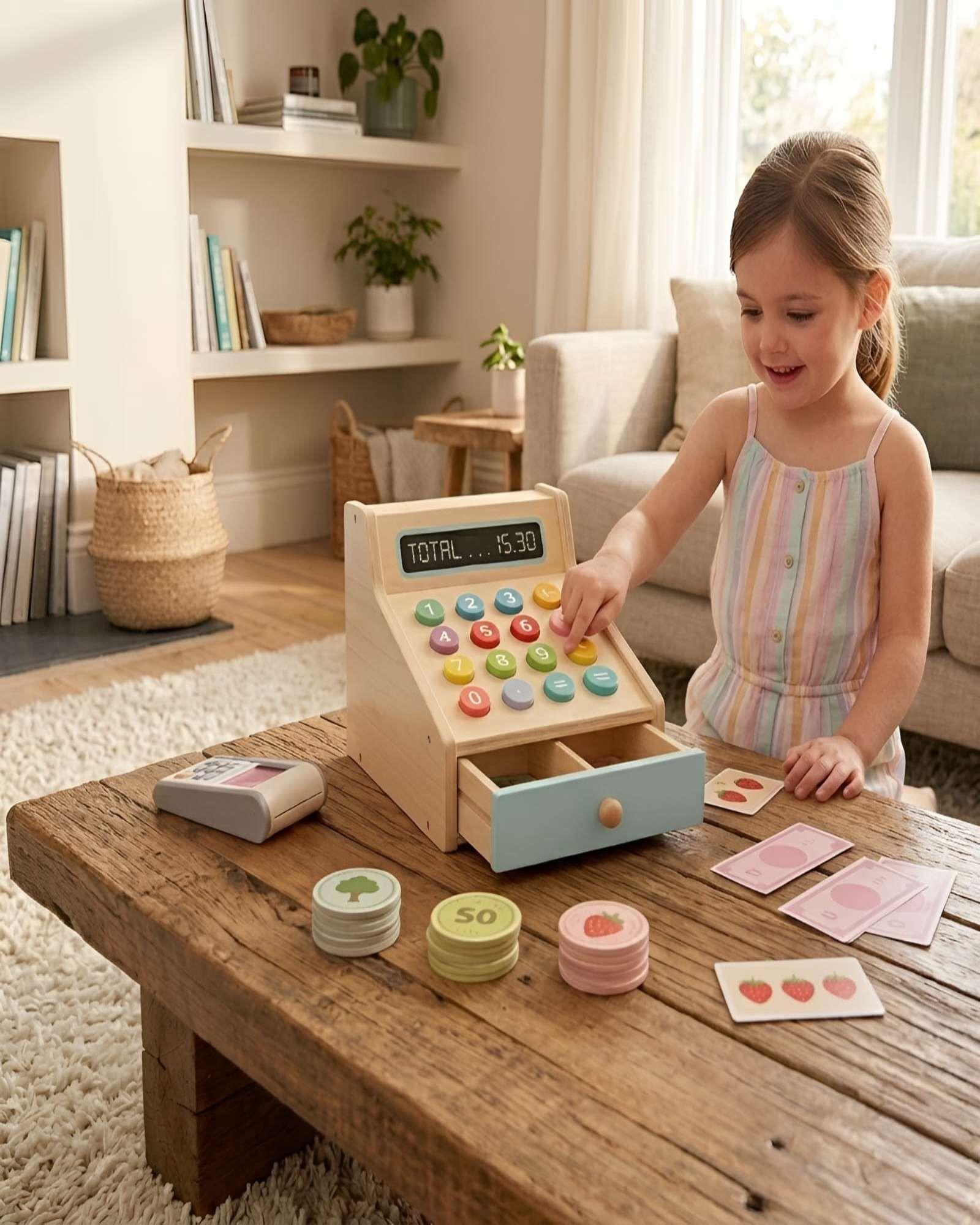 Juguete de Madera Caja Registradora con Accesorios de Mercado-1