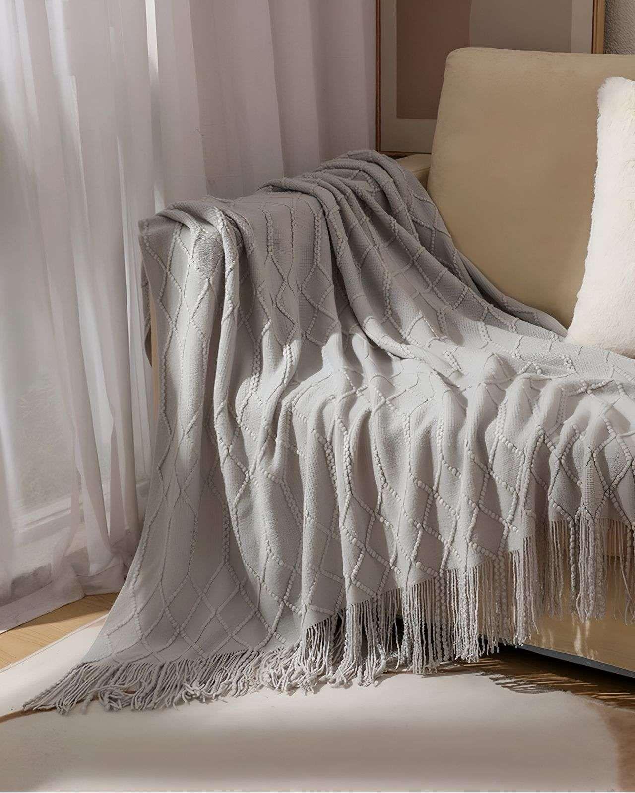 Mantas para sofas camas u oficinas con Flecos 127x152 cm Gris-3