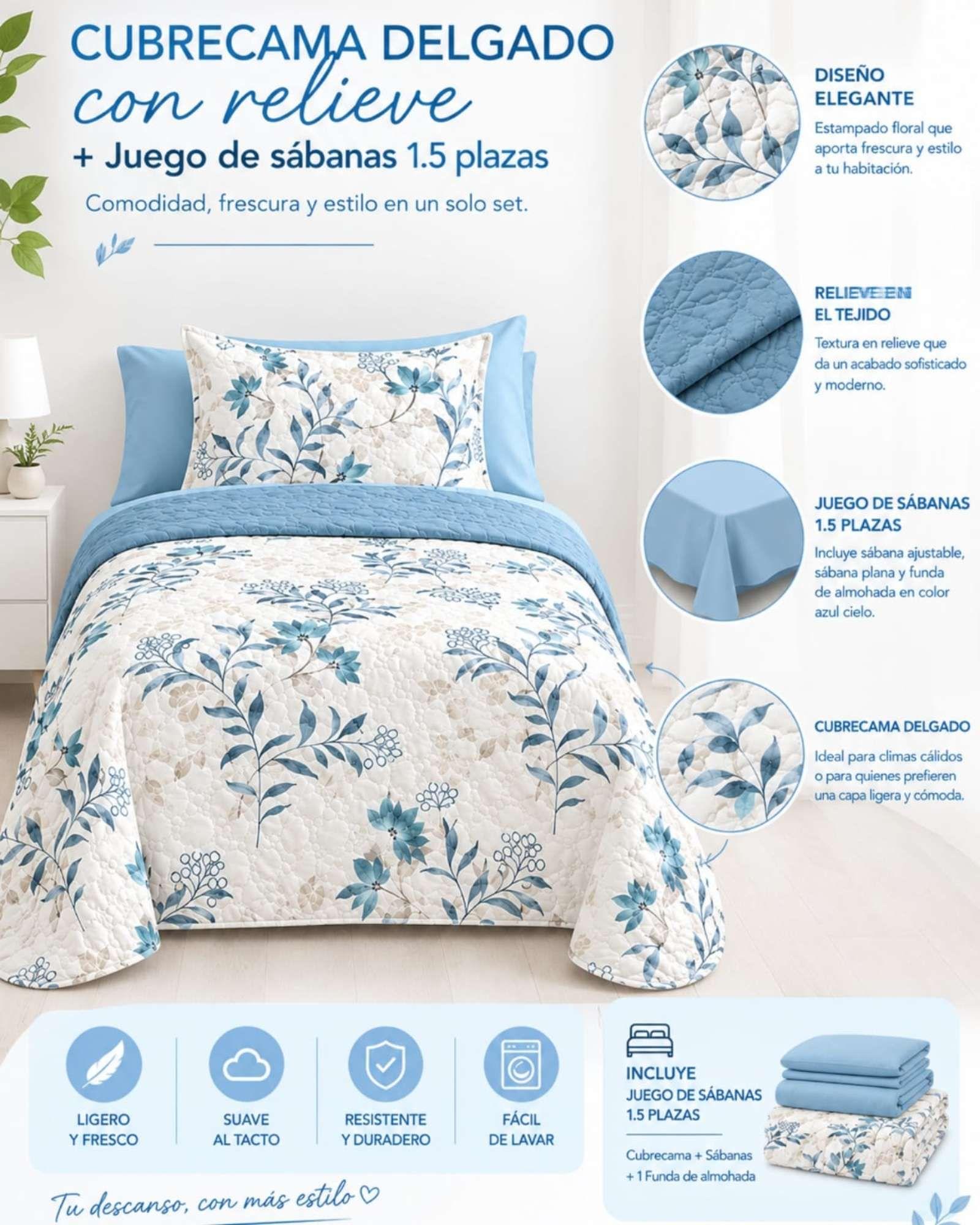 Juego Cubrecama Quilt Verano 1.5 Plazas + Juego De Sábanas 15-4