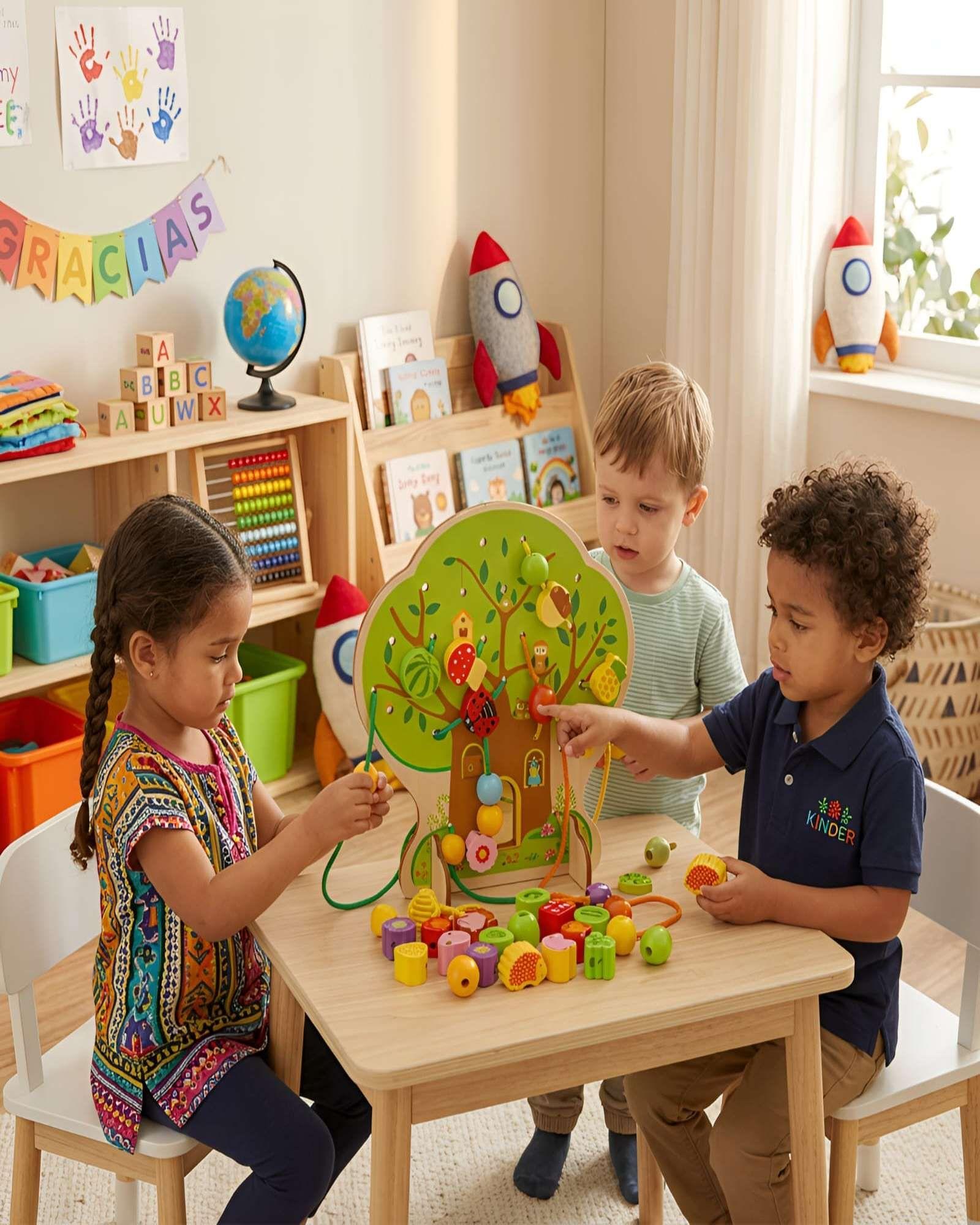 Juego de Enhebrado de Madera Árbol Montessori con Piezas de Frutas y Animales-1