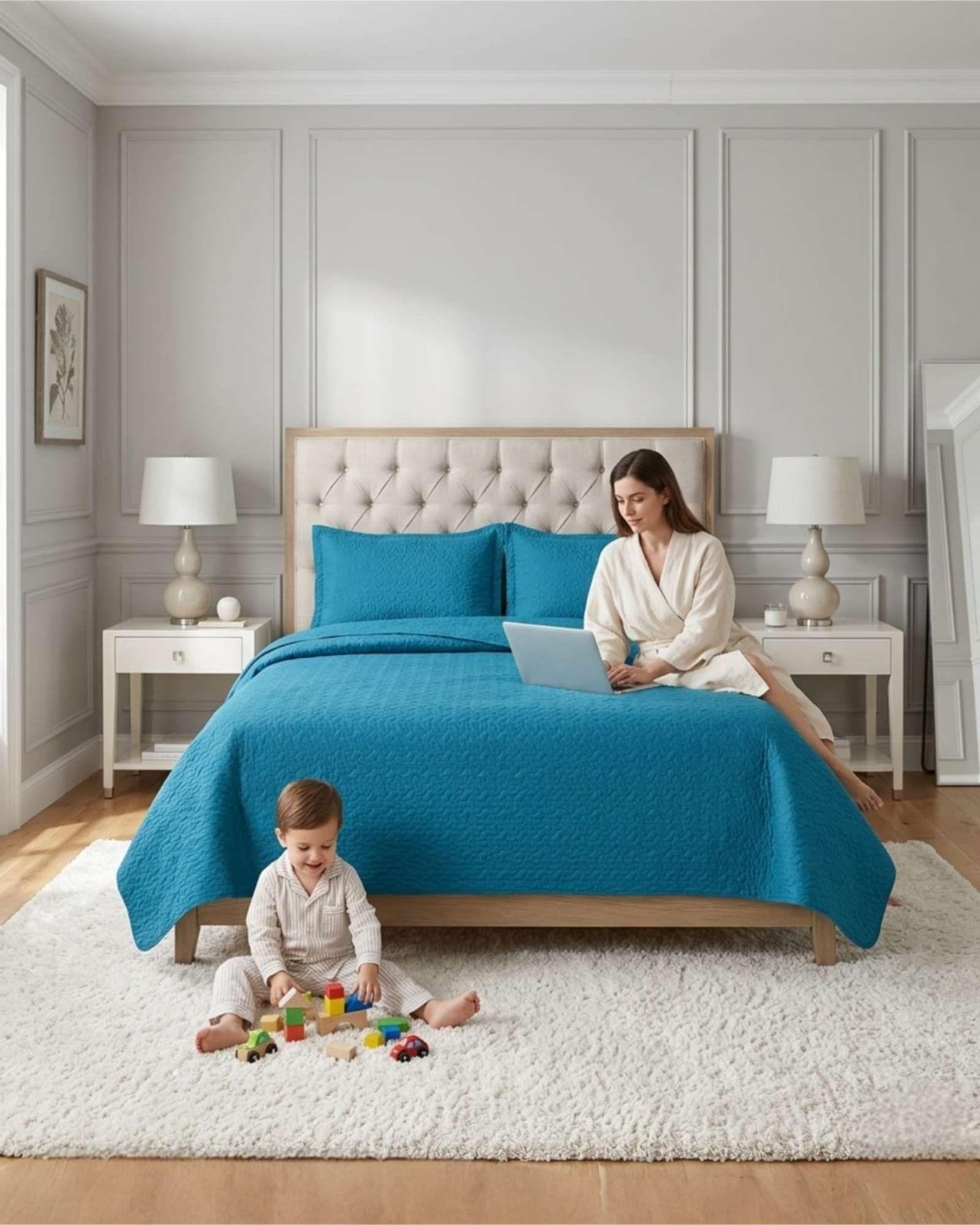 Cubrecama Quilt Verano 2 Plazas Delgado Texturizado Set Con Fundas a4-3