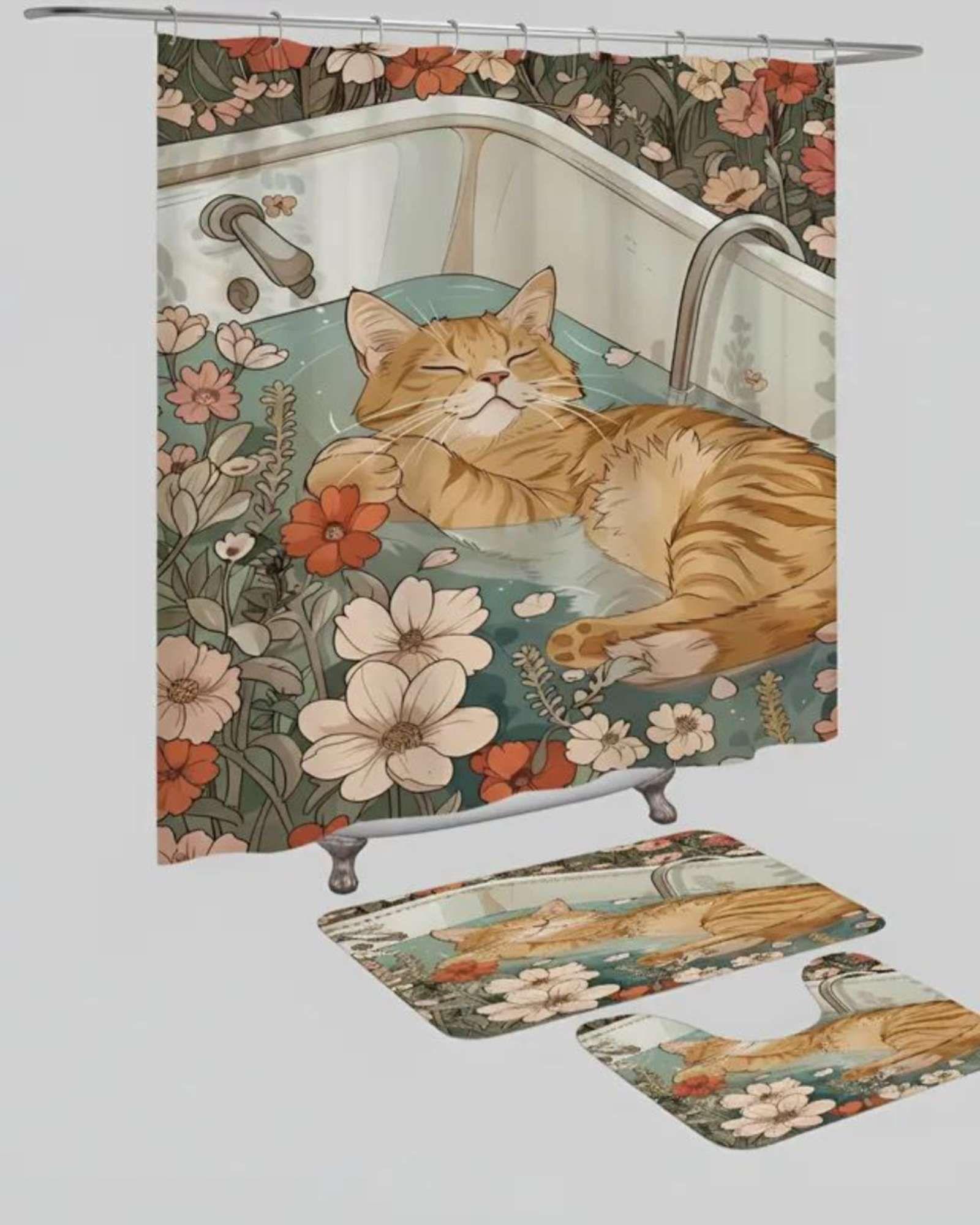 Juego 5 piezas con Cortina de baño de Tela Poliéster y  Forro de Ducha de Plástico J-4-2