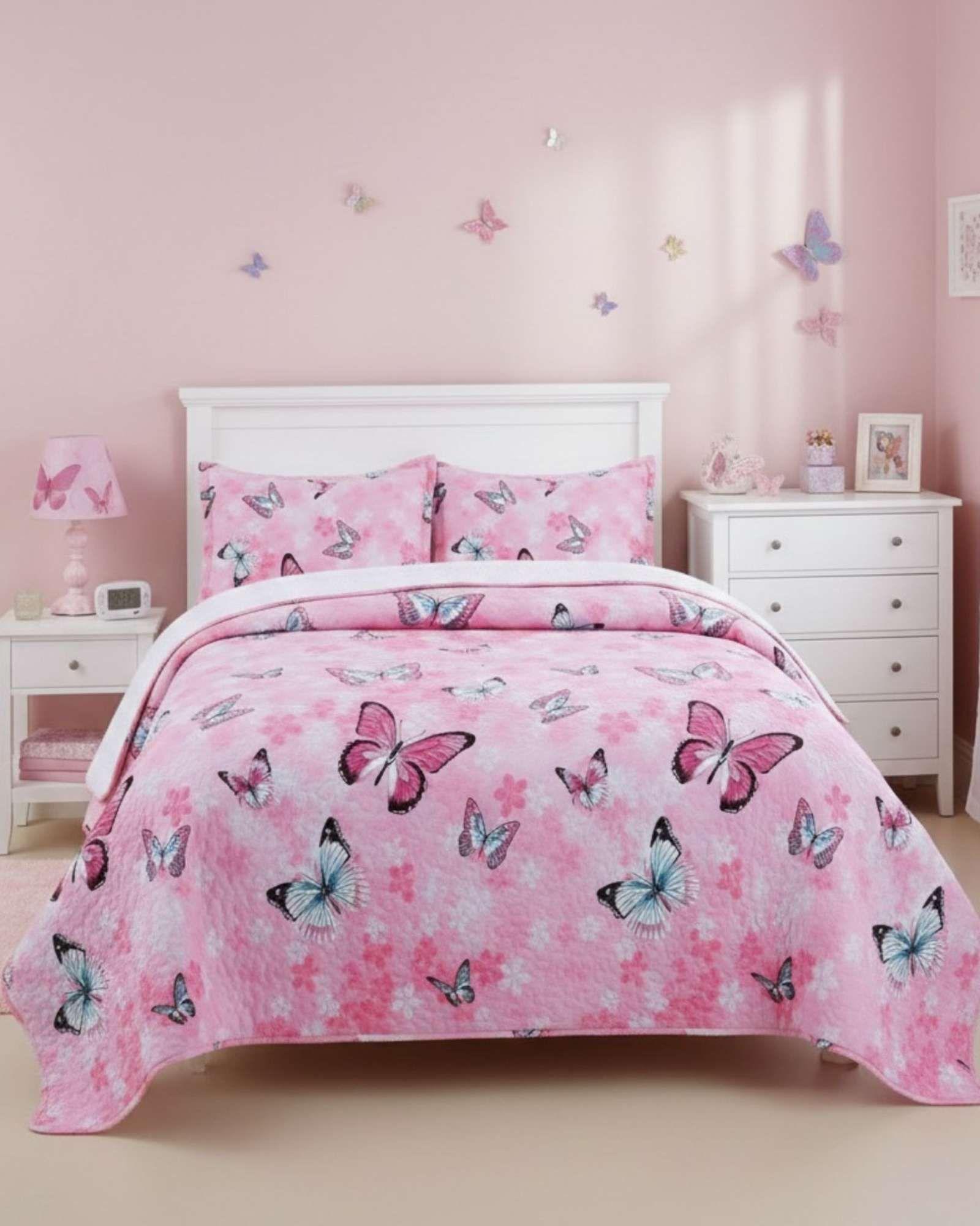CUBRECAMA QUILT SHERPA INFANTIL PLAZA Y MEDIA MARIPOSAS A1-2