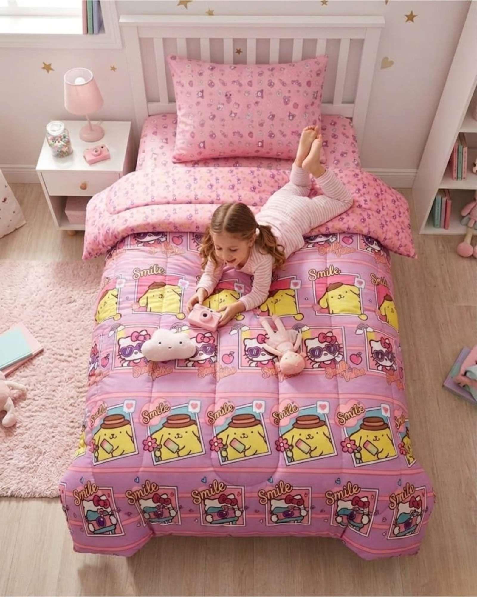 Cubrecama Infantil Rosado con Funda Diseño Flores y Gráficos-2