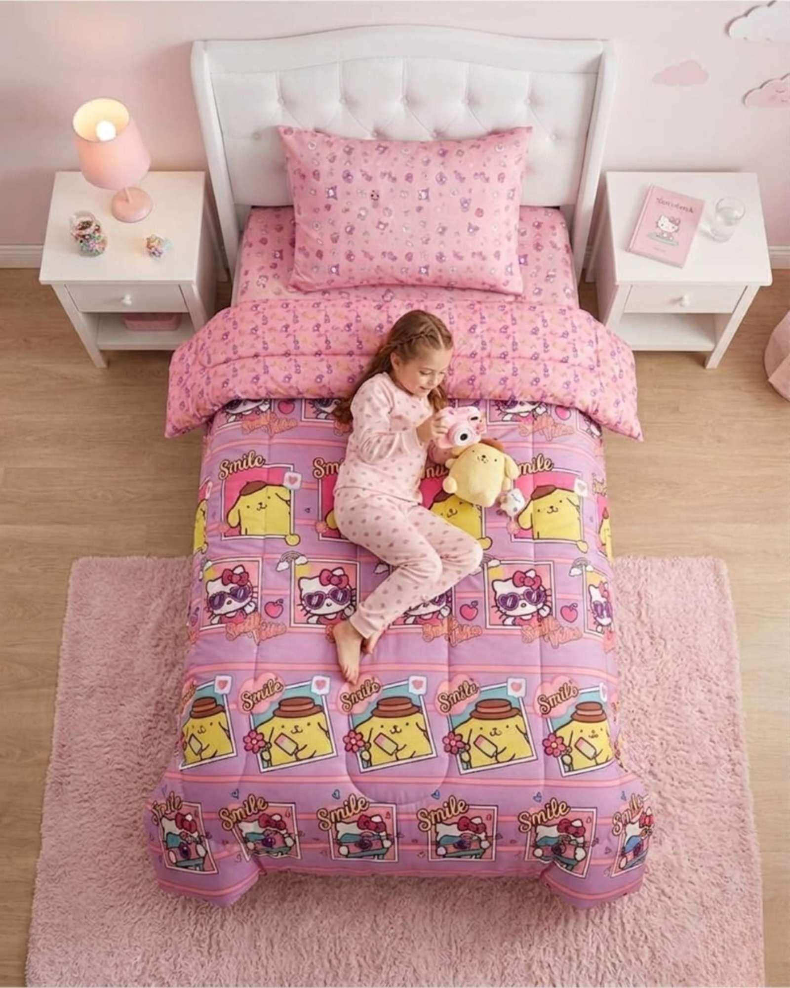 Cubrecama Infantil Rosado con Funda Diseño Flores y Gráficos-3