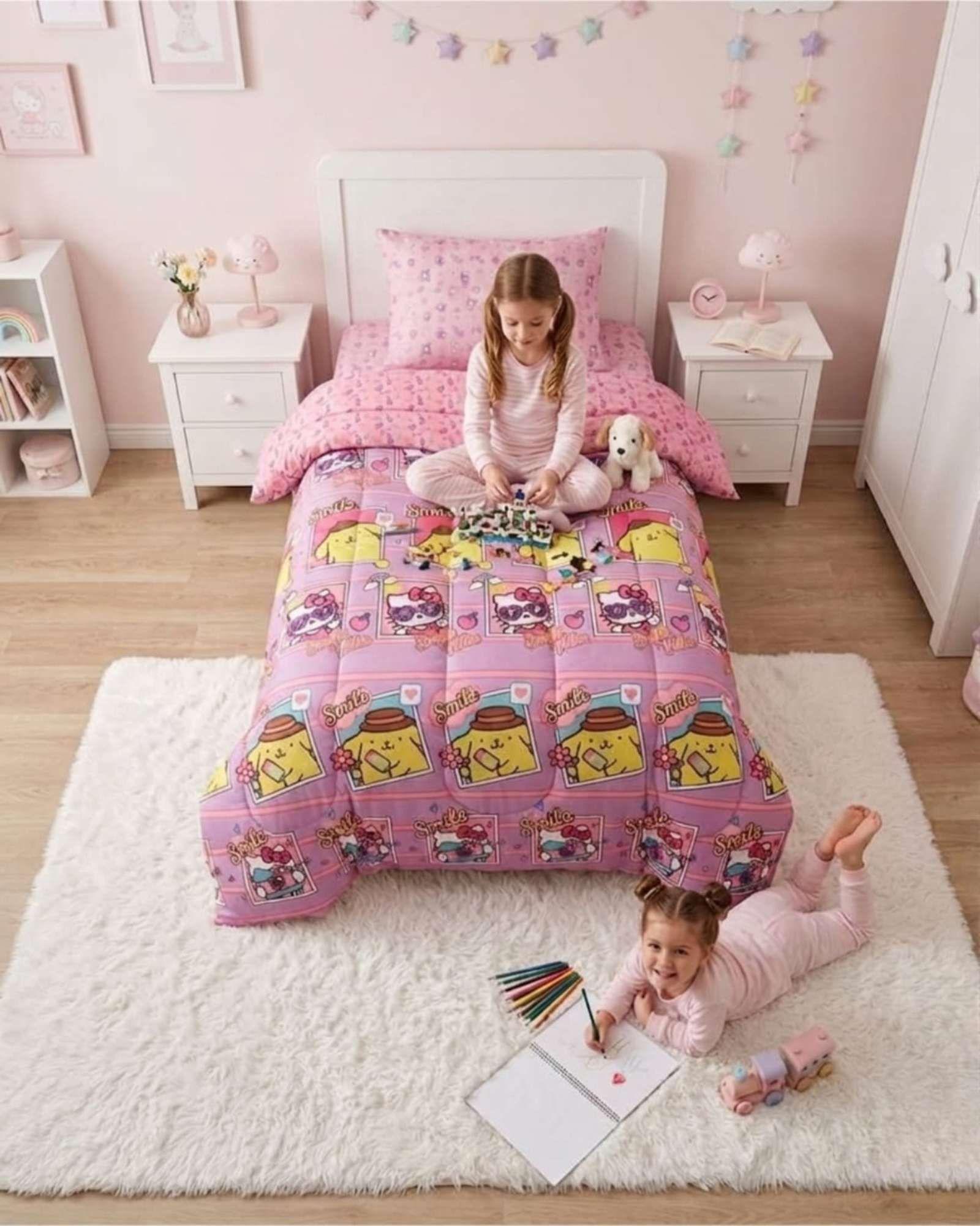 Cubrecama Infantil Rosado con Funda Diseño Flores y Gráficos-4