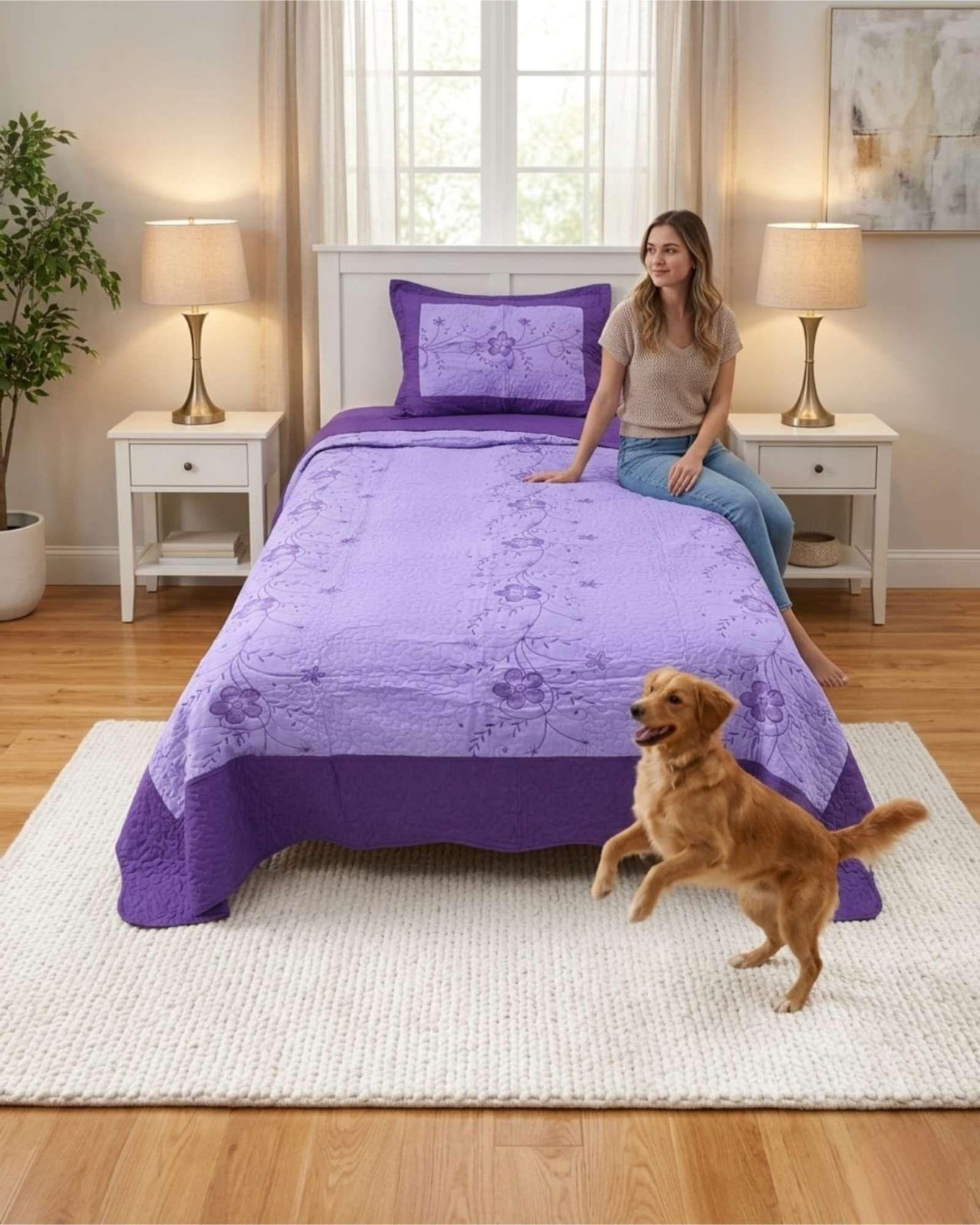 Cubrecama Quilt Verano Plaza y Media Bordado Floral Set Colcha Delgado a7-1