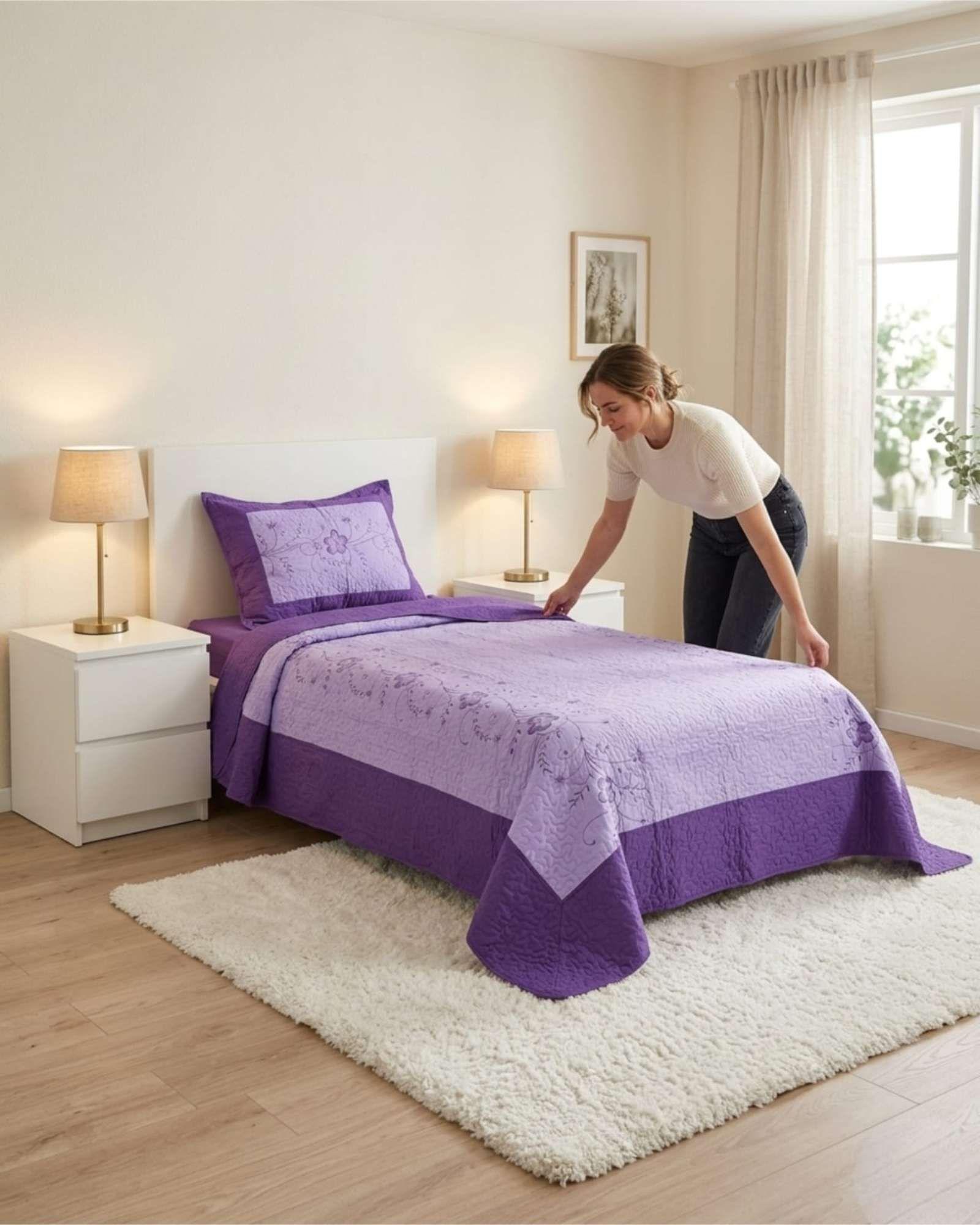 Cubrecama Quilt Verano Plaza y Media Bordado Floral Set Colcha Delgado a7-2