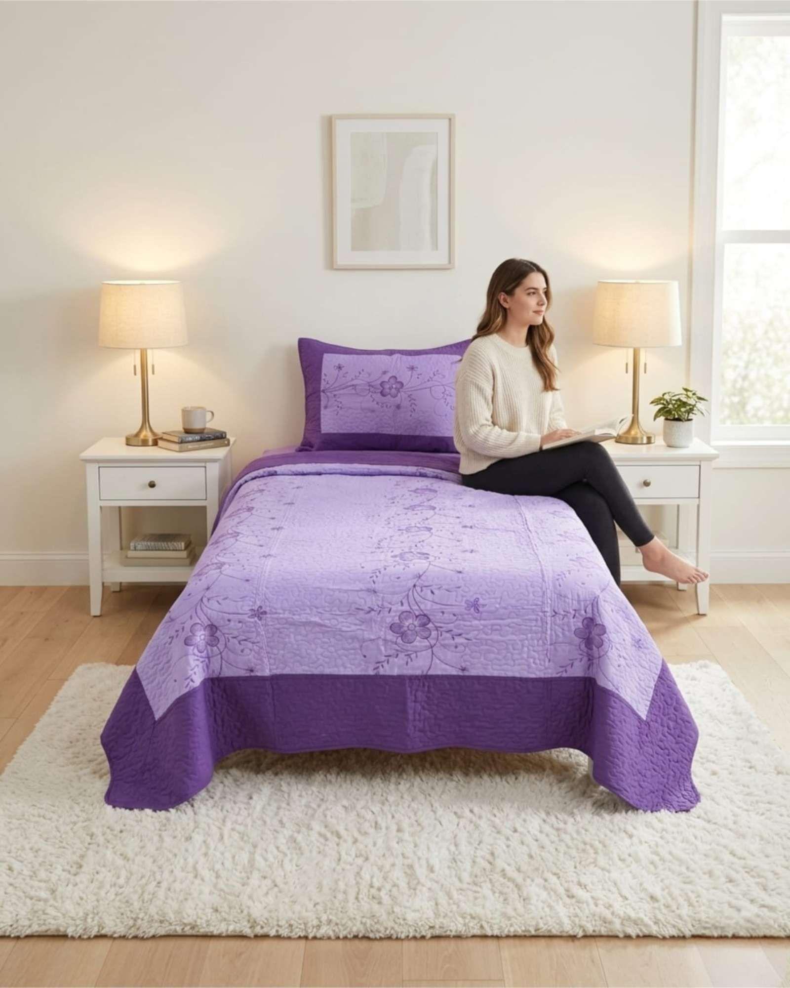 Cubrecama Quilt Verano Plaza y Media Bordado Floral Set Colcha Delgado a7-4