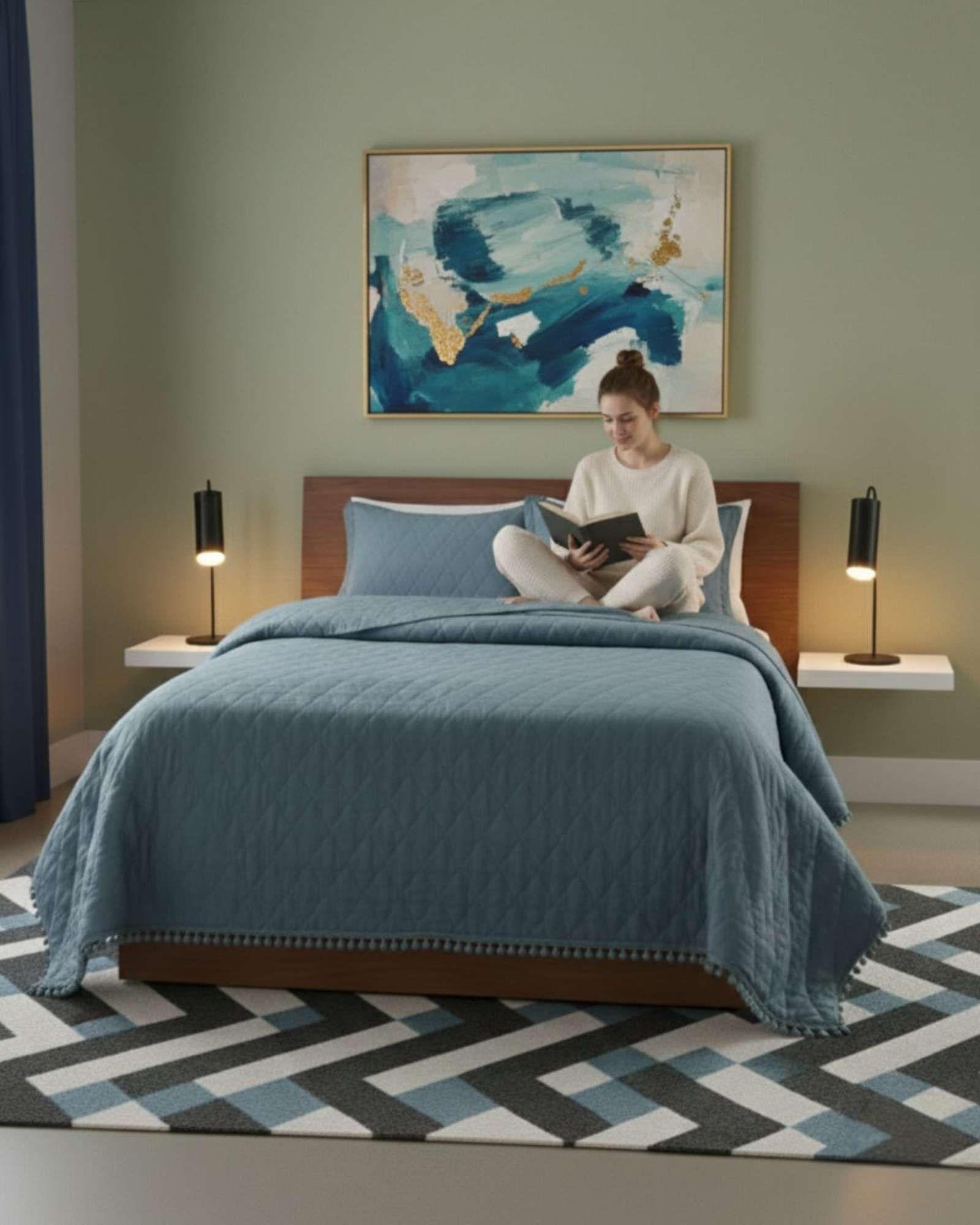 Cobertores de Verano-Primavera con Diseño de Pompon (king-super king) azul-3