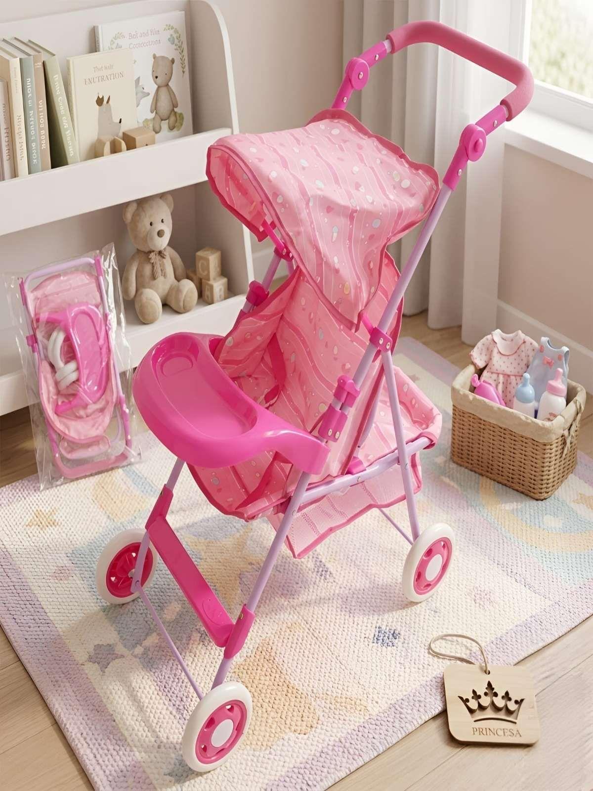 Coche de Juguete para Muñecas con Toldo Plegable y Bandeja Rosado Diseño Lineal 5-3