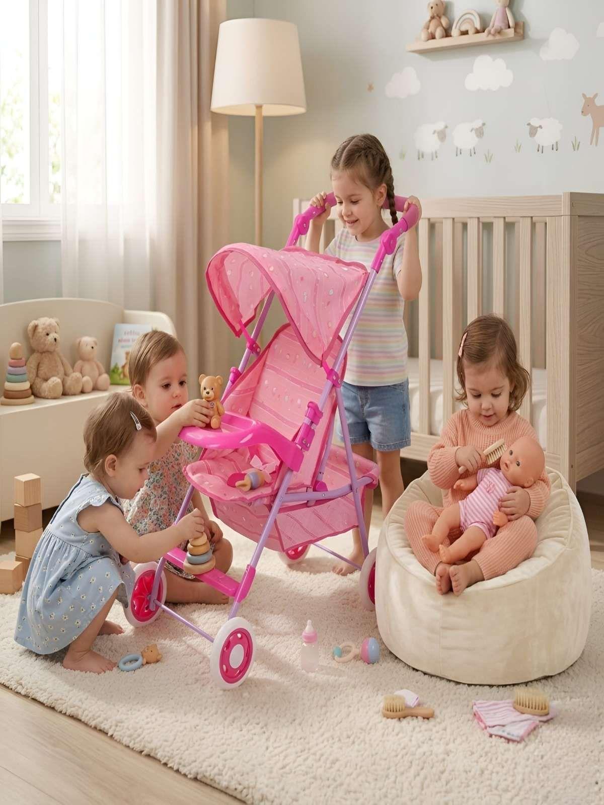 Coche de Juguete para Muñecas con Toldo Plegable y Bandeja Rosado Diseño Lineal 5-4