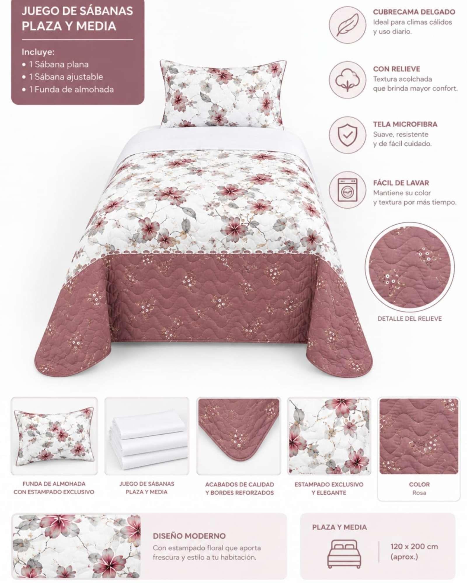 Juego Cubrecama Quilt Verano 1.5 Plazas + Juego De Sábanas 01-4