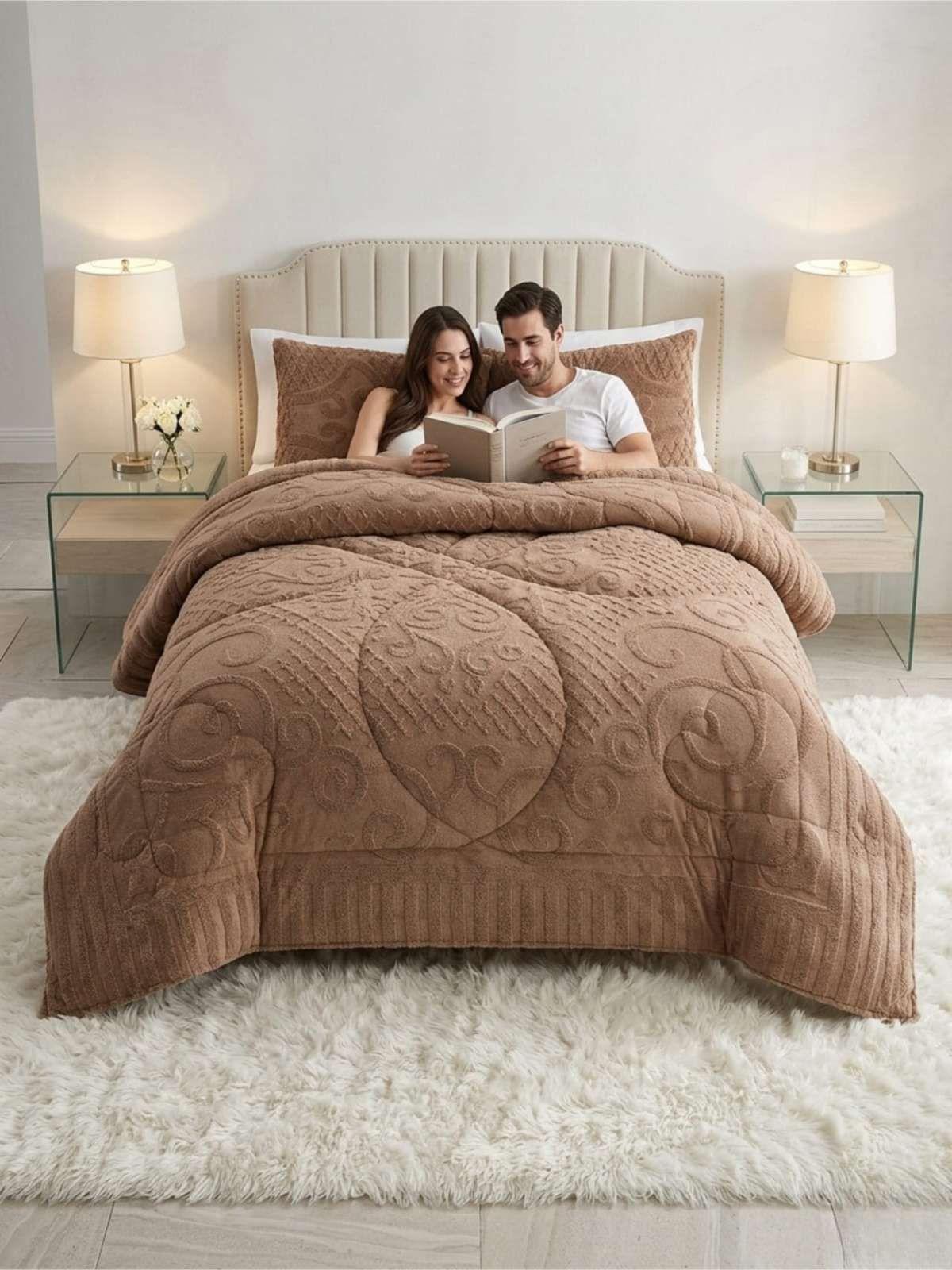 Cubrecama Plumón Jacquard Premium 2 Plazas Invierno Térmico café-4