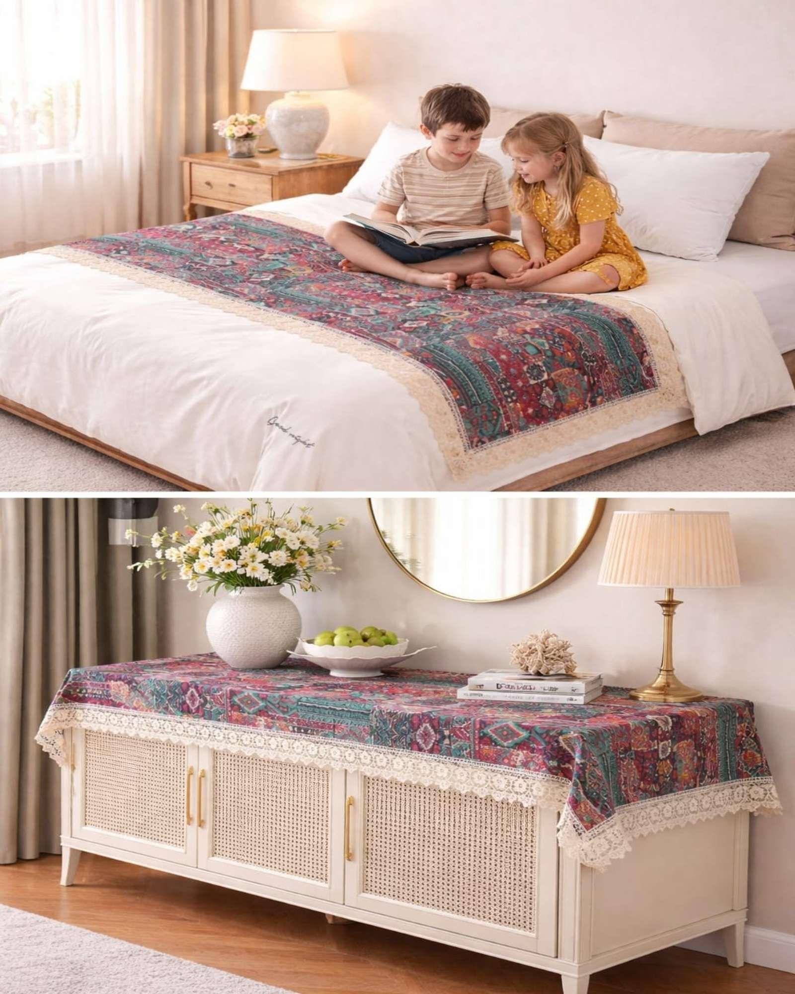Piecera de Cama Multiuso Diseño Bohemio con Encaje 80x200cm m3-2