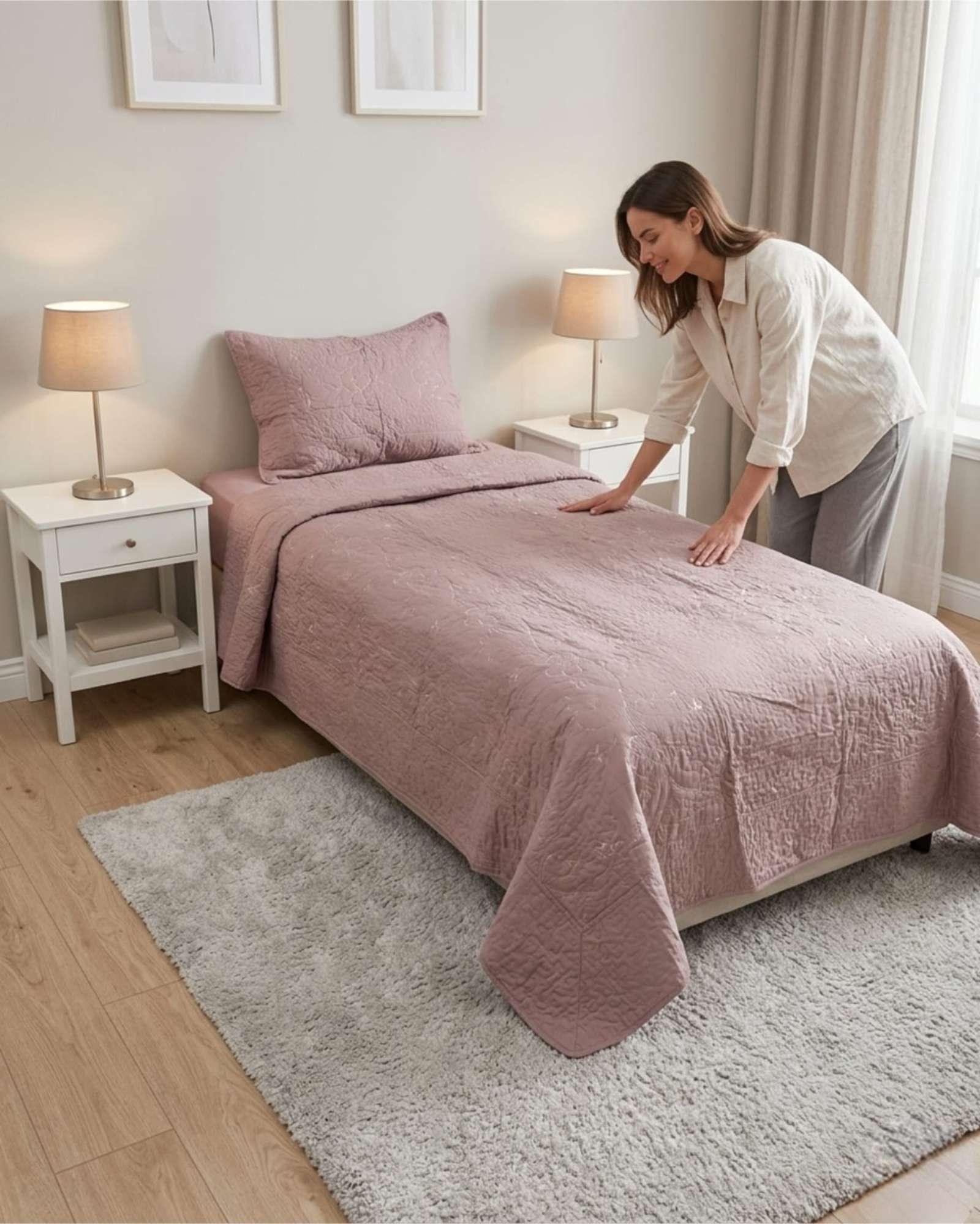 Cubrecama Quilt Verano Plaza y Media Bordado Floral Set Colcha Delgado a5-1