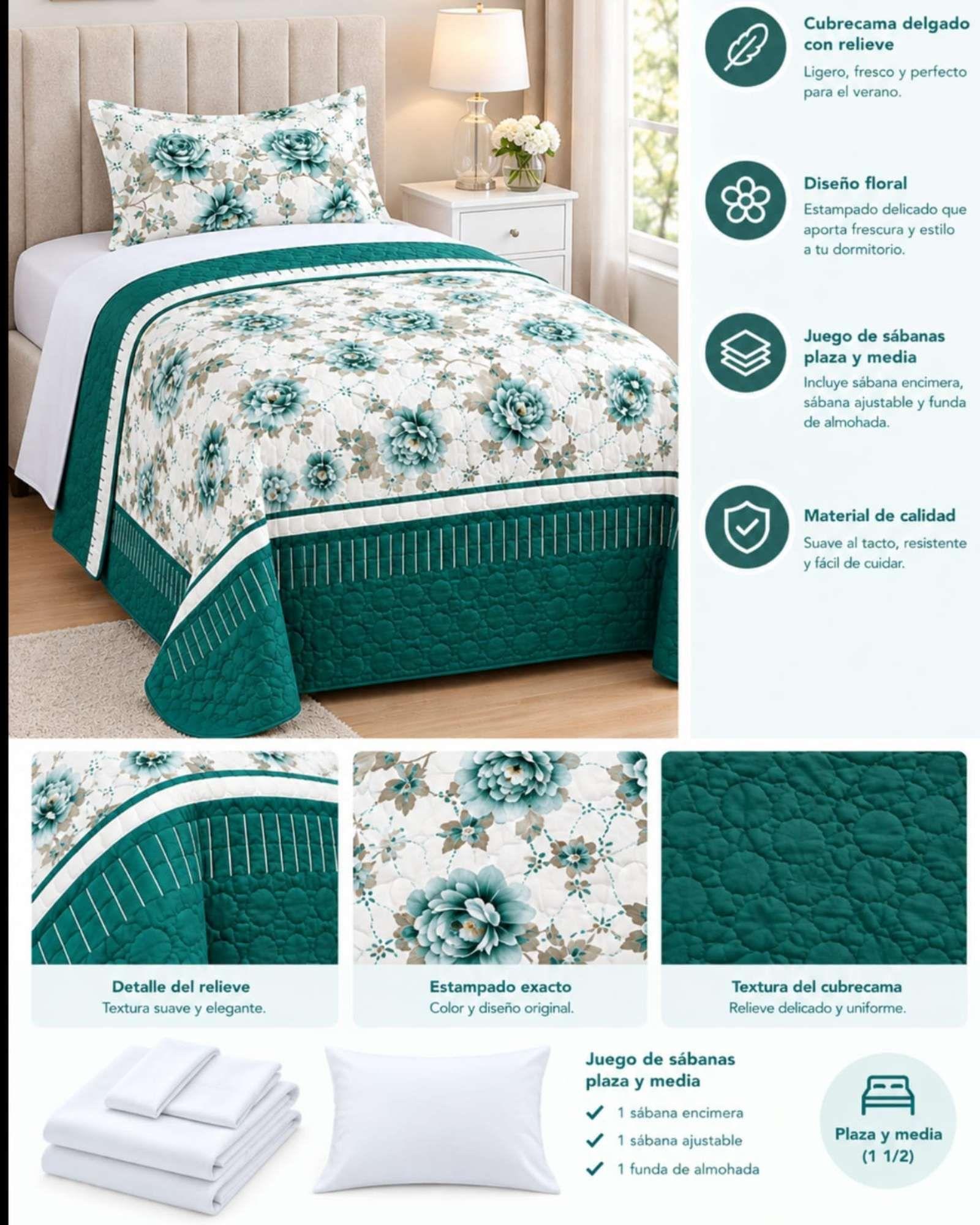 Juego Cubrecama Quilt Verano 1.5 Plazas + Juego De Sábanas 03-4