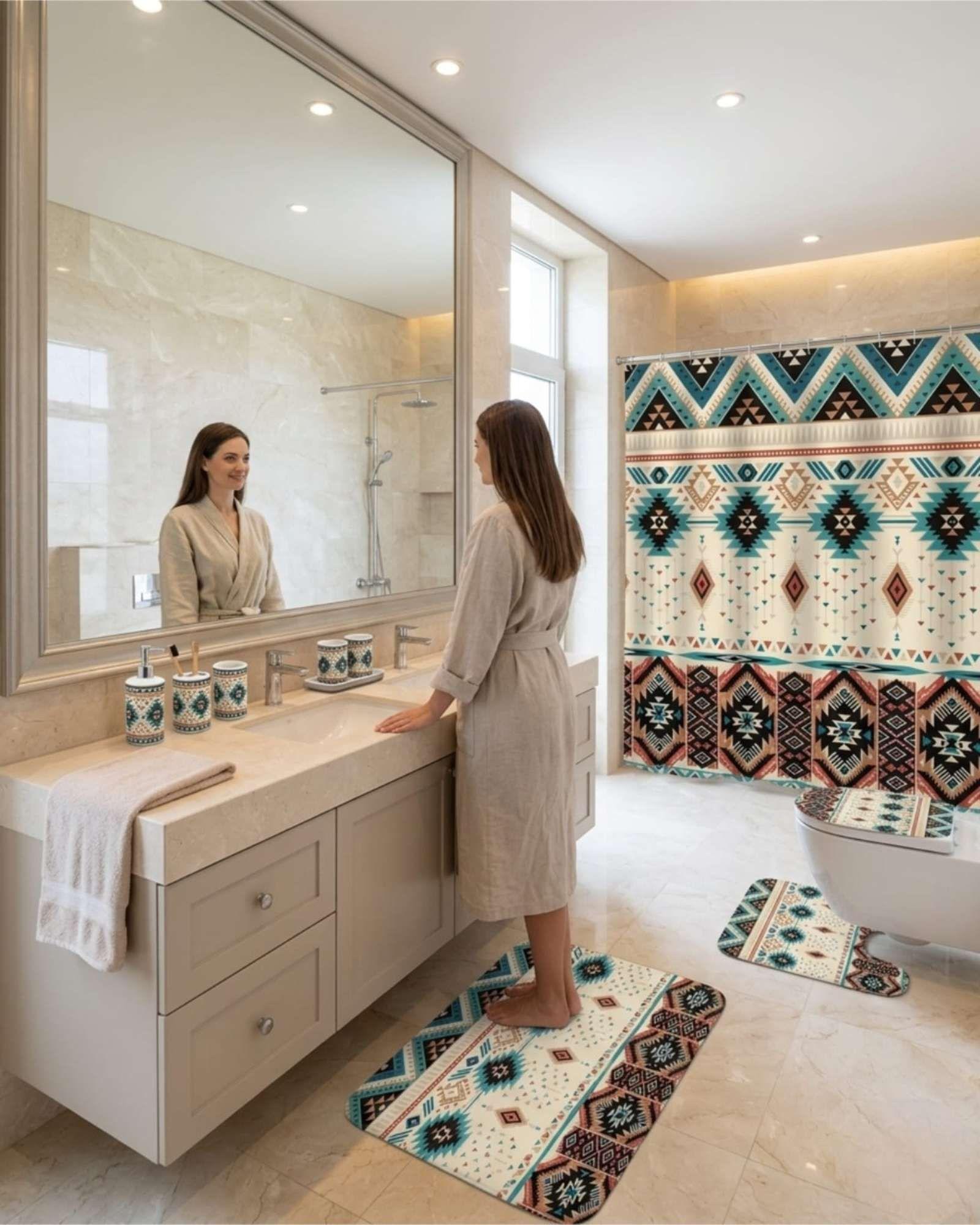 Set Decorativo De Baño 4 Piezas Cortina, Alfombras Y Funda De Inodoro m1-3