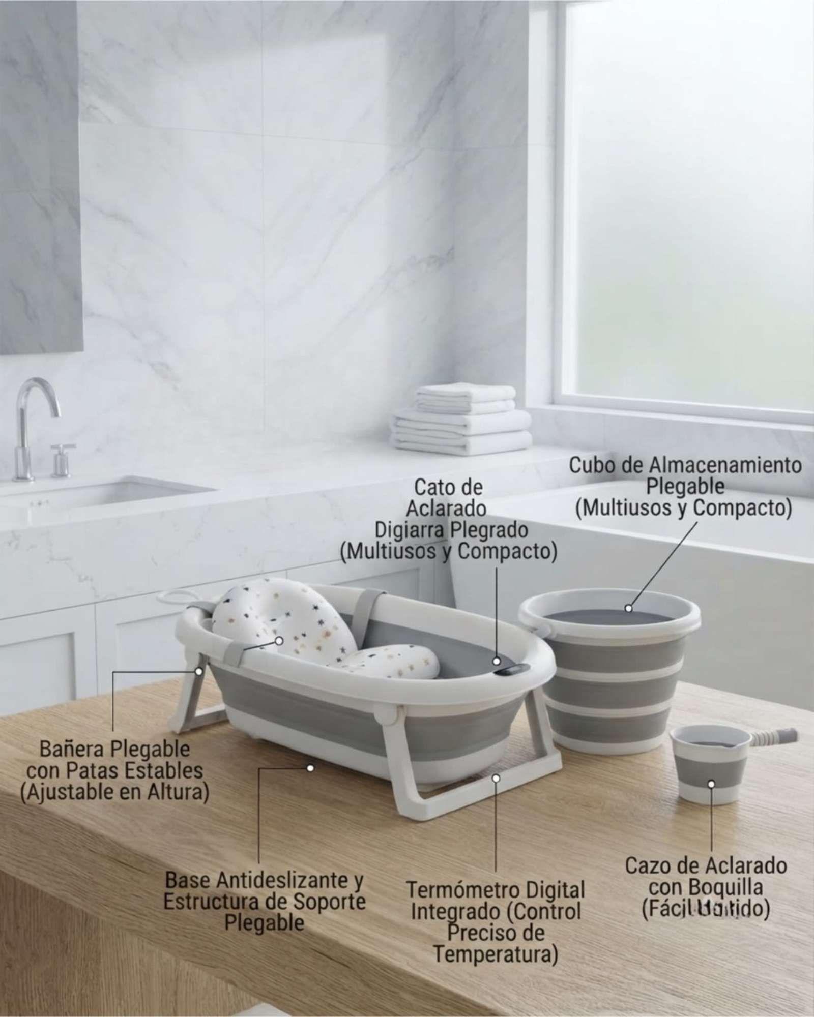 Bañera de Bebé con Termómetro Digital y Set Completo de Accesorios para Baño-4