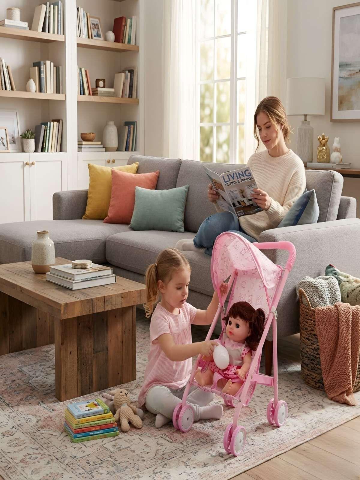 Set Muñeca Interactiva con Coche de Paseo Plegable-3